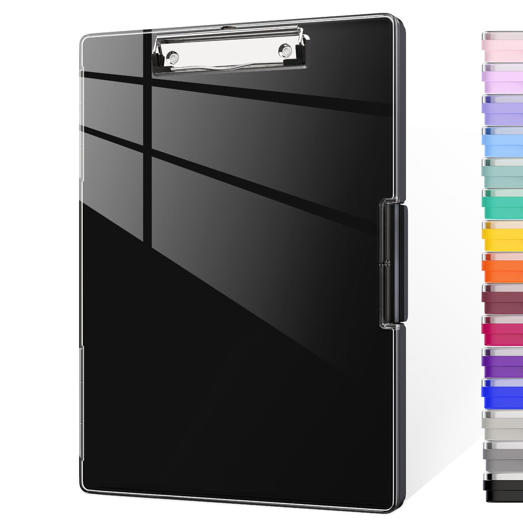 Clipboard with Storage, 8.5x11 Clip Boards with 2 Storage Case and A4 Paper Folder, Clear Dry Erase Top Panel, Heavy Duty Plastic, Folio & Side-Opening, for Nurses, Teacher, Lawers, Black