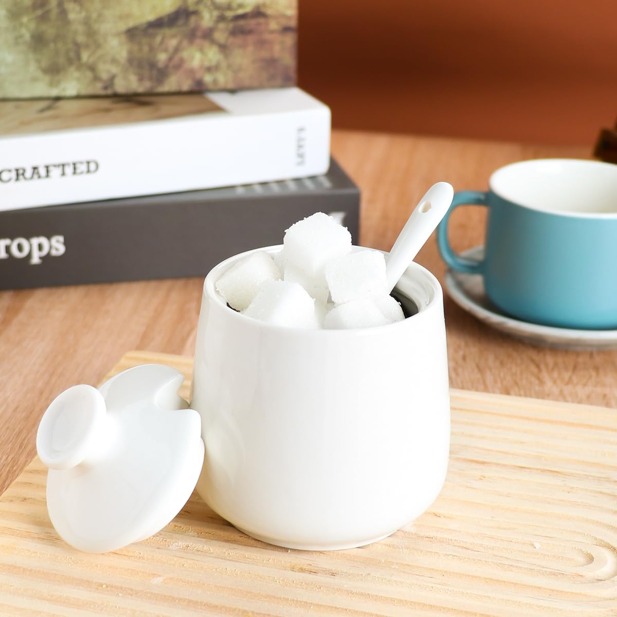 Ceramic Sugar Bowl with Lid and Spoon, Porcelain Salt Storage Jar, White Seasoning Container for Home and Kitchen, 9 Ounces (White)
