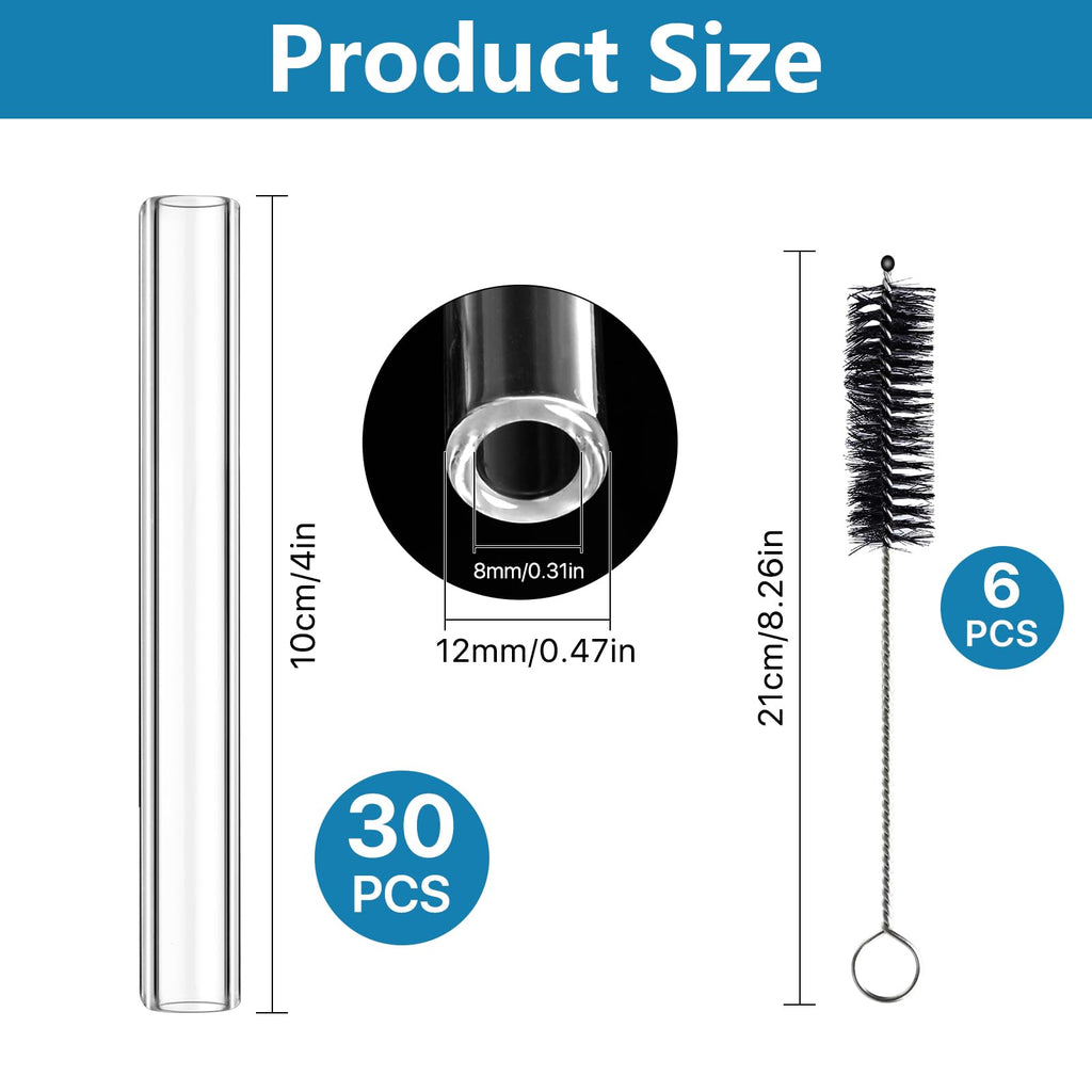 Worldity 30 Pcs 4 Inches Long Glass Blowing Tubes, Clear Glasses Tube for Art DIY, 12mm OD 8mm ID 2mm Thick Wall Glass Borosilicate Blowing Tubes with 6 Cleaning Brush