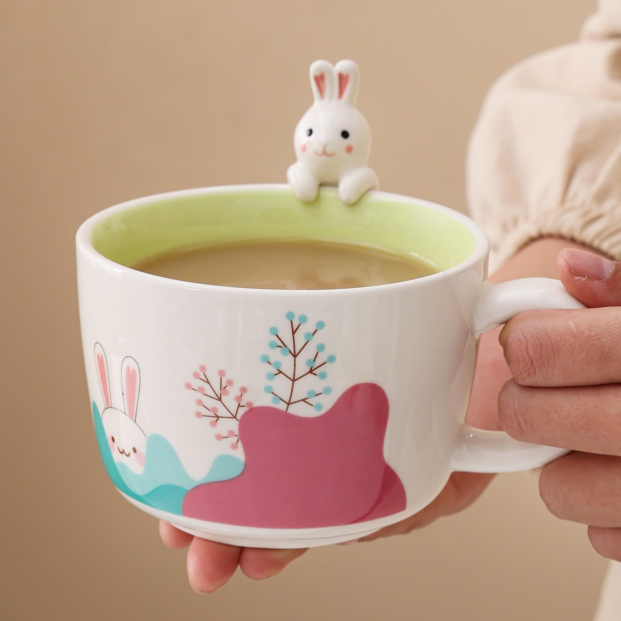 lpylxingyan Cute 3D Animal Coffee Mugs: Funny Handmade Ceramics Cups with Rabbit, Cow, Sloth, Fox, Lion for Kids Gift. (rabbit)