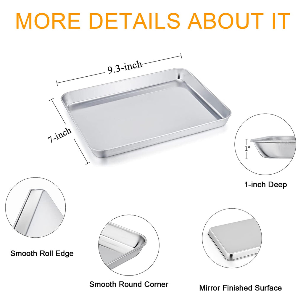 TeamFar- Toaster Oven Pans, 9.3'' X 7'' X 1'' Stainless Steel Compact Toaster Oven Tray Ovenware, Healthy & Durable, Roll Edge & Mirror Finish, Easy Clean & Dishwasher Safe 2 Pcs