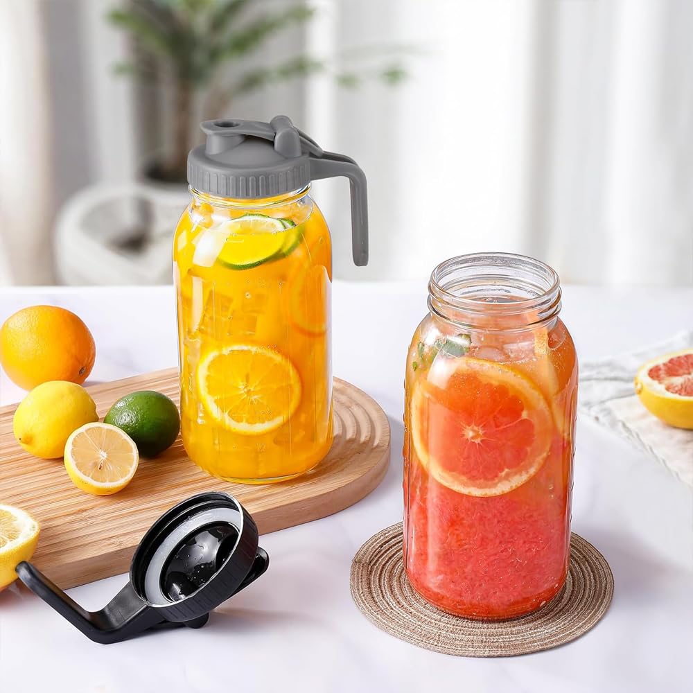 2 Pack 64oz 2 Quart Glass Mason Jar Pitcher Wide Mouth Jug with Lid and Pour Spout Airtight Seal Leak Proof for Iced Tea Milk Juice Cold Beverages Coffe (Black+Gray, 10.2X 4.3inch)