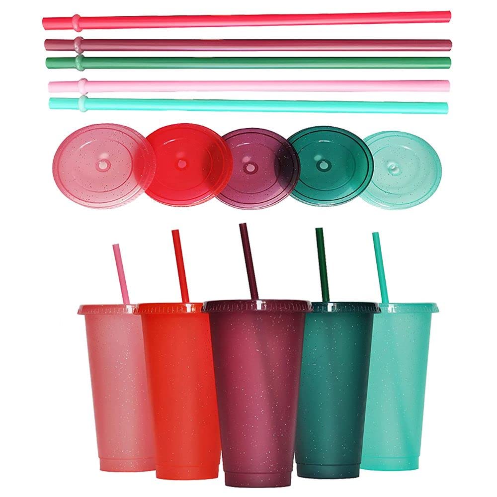 5 pcs 24 oz Water Cup with Straw and Lid Plastic Tumblers Color Changing Cups Tumbler Iced Coffee Lid Water Bottle Travel Mug Cup Reusable Cups Plastic Cups Summer Party Bulk Cold for Adults Perfect
