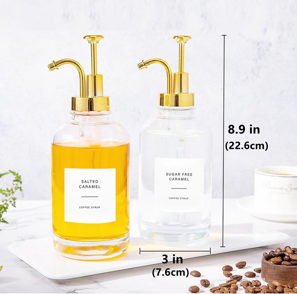 Coffee Syrup Dispenser with 36 Labels and Pump,Coffee Pump Dispenser,Simple Glass Syrup Bottle for Bar,16.9oz 500ml,Set of 2 (Gold)
