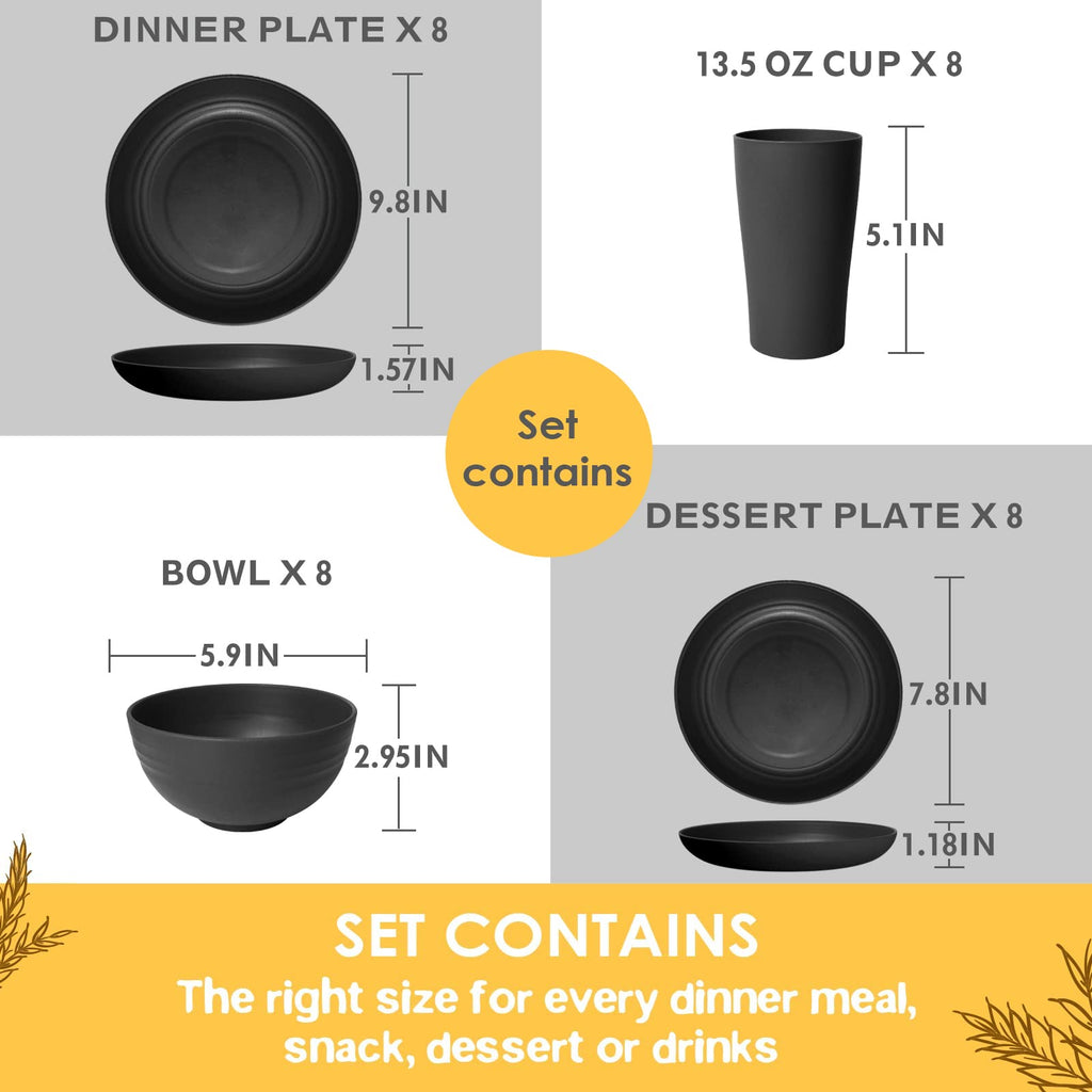 Teivio 32 Piece Kitchen Plastic Wheat Straw Dinnerware Set for 8, Dinner Plates and Bowls Set, Cups, Unbreakable Dishwasher Outdoor Camping RV Essentials Dishes, Black Vaisselle Cuisine