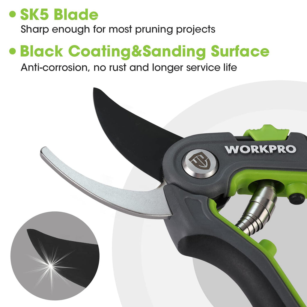 WORKPRO Bypass Pruning Shears, 8" Stainless Steel Gardening Hand Pruner, Professional Garden Trimming Scissors with Sharp SK5 Steel Blades, Ideal Garden Tool, Green