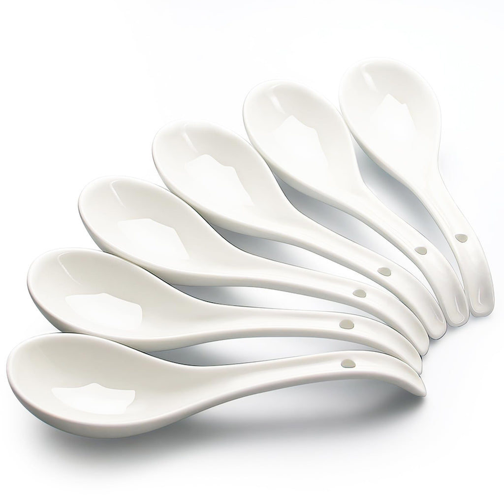 IQCWOOD White Asian Soup Spoons Set of 6, 6.75 inch Porcelain Spoon, Japanese Soup Spoons for Cereal Ramen- Deep Oval Hook Design
