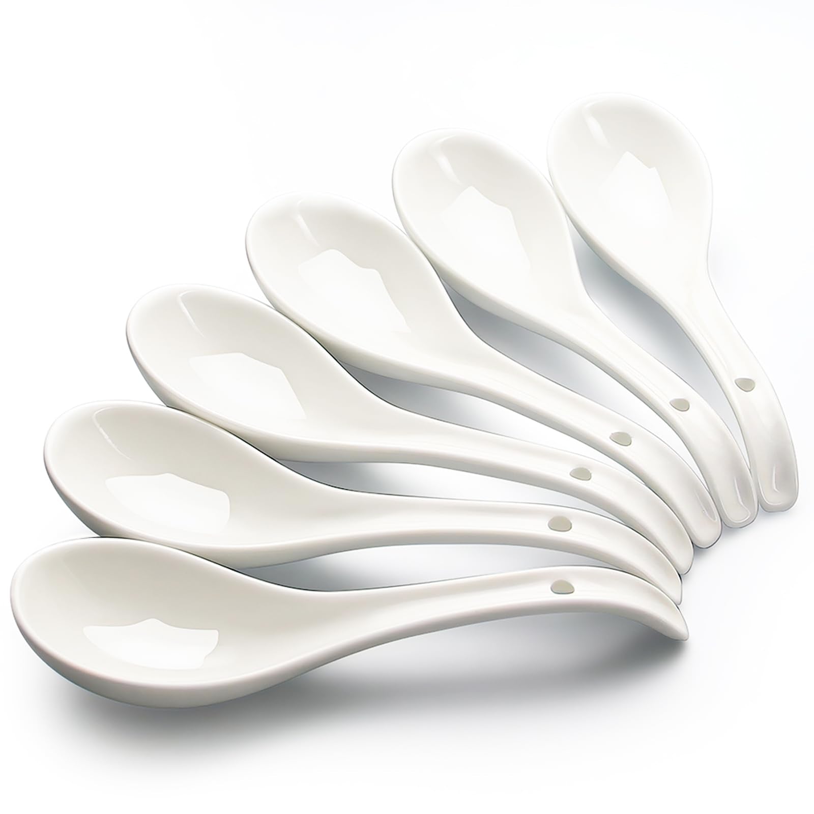 IQCWOOD White Asian Soup Spoons Set of 6, 6.75 inch Porcelain Spoon, Japanese Soup Spoons for Cereal Ramen- Deep Oval Hook Design