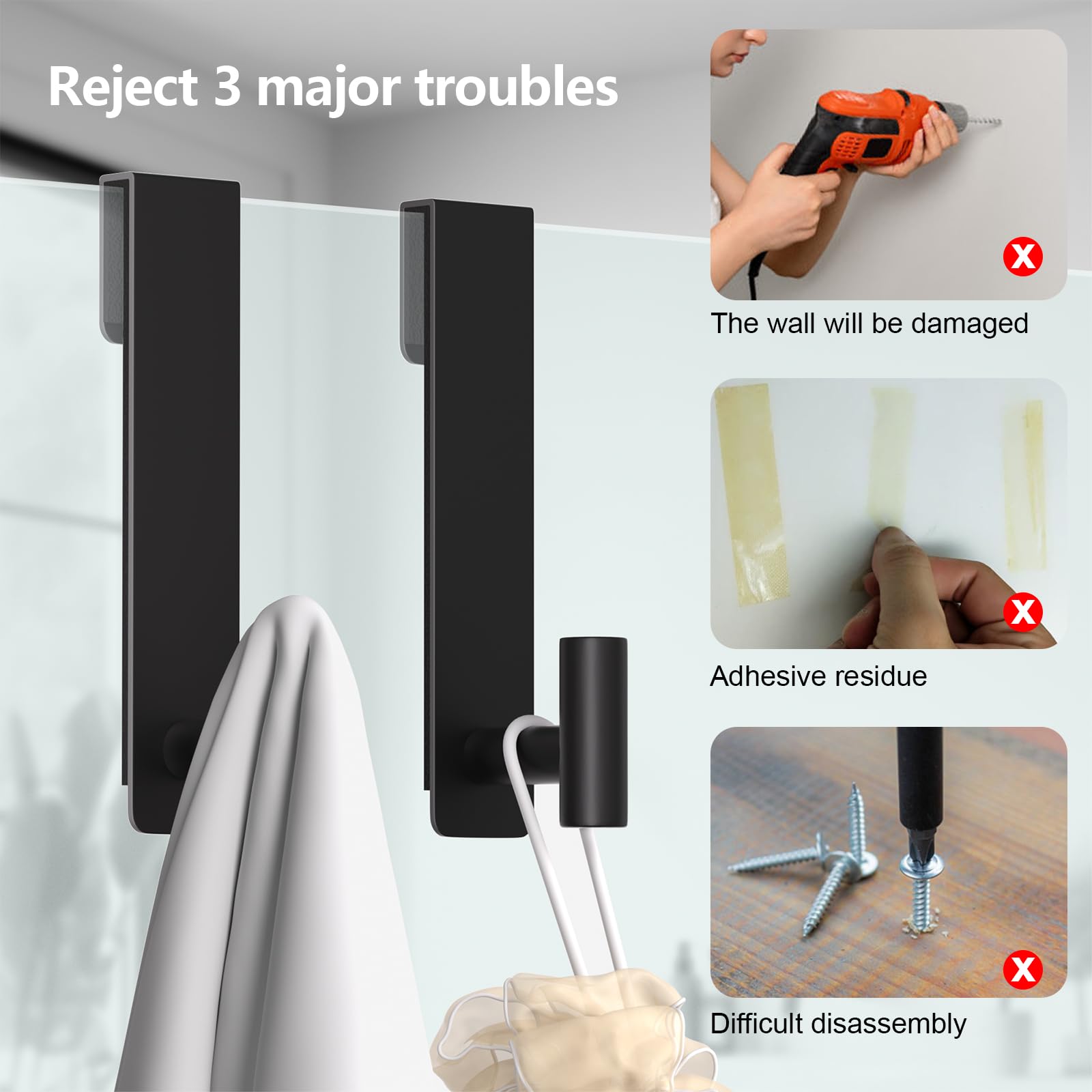 PMMASTO Shower Door Hooks, (7.5 Inch) Extended Over Door Hooks for Bathroom Frameless Glass, Stainless Steel Bath Towel Hooks, Heavy Duty Towel Hanger Rack (Black 2 Pack)
