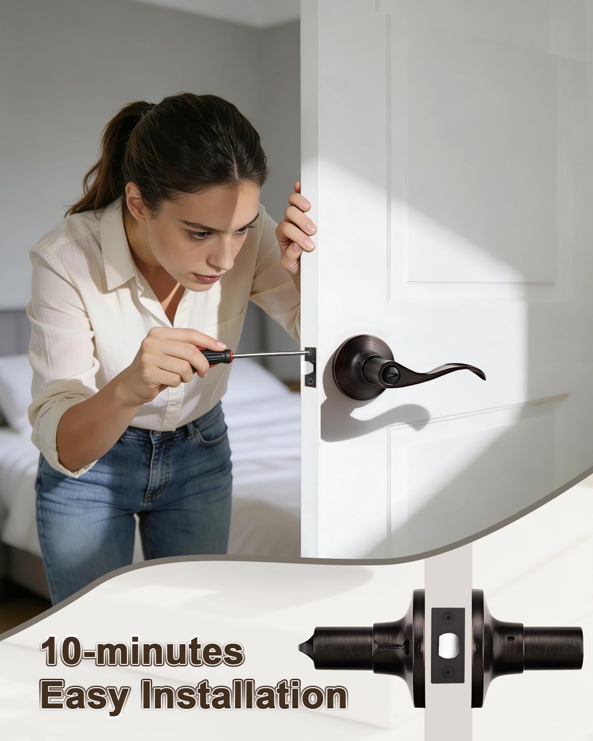 GOBEKOR 1 Pack Oil Rubbed Bronze Privacy Door Lever Wave Style, Keyless Stainless Steel Door Handle Interior Use, Bath/Bed Door Lock (Thumb Turn, No Key),Reversible for Right or Left Side