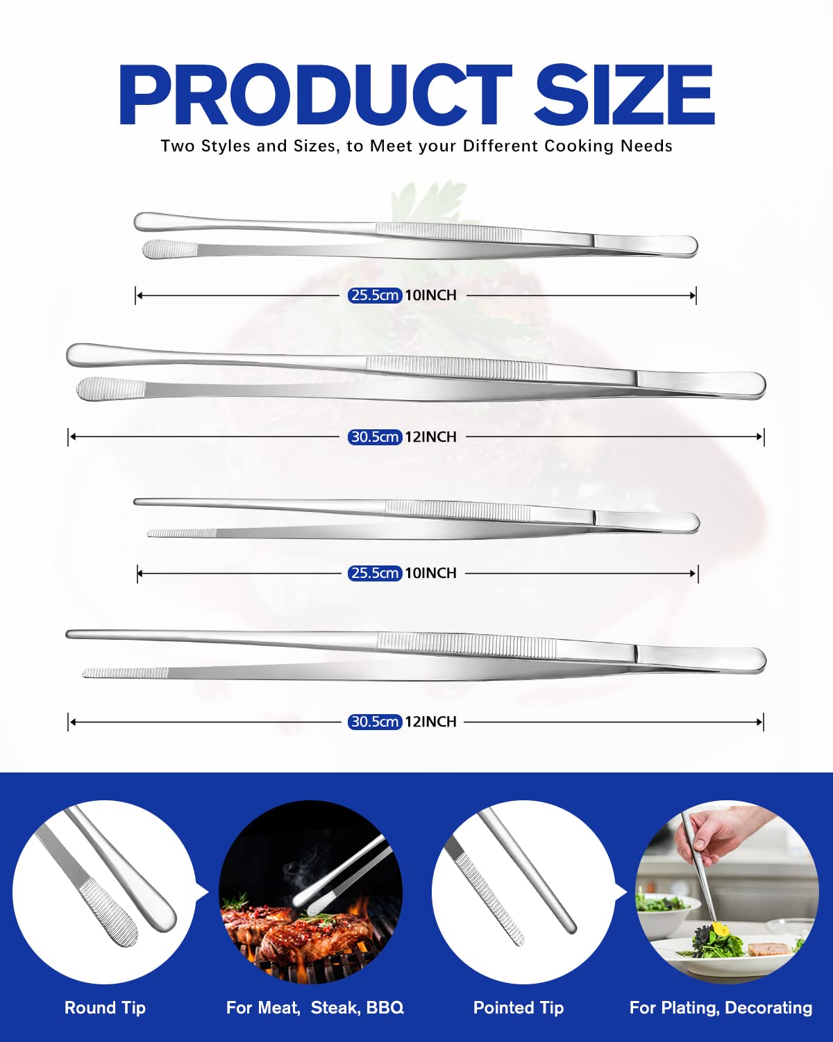 4 Pcs Kitchen Fine Tweezer Tongs, 12'' and 10'' Stainless Steel Food Tweezers Set, Professional Kitchen Long Tweezer for Cooking, Repairing, Sea Food and BBQ(Silver)