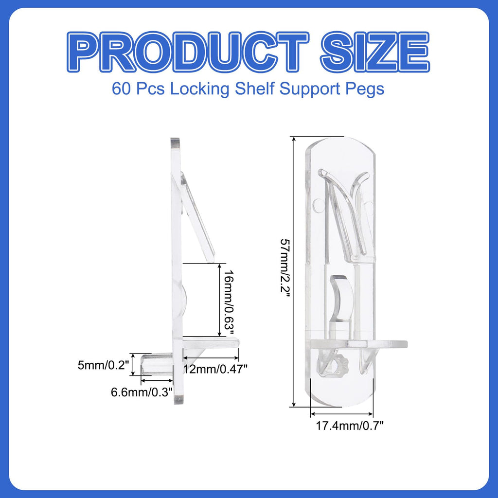 PATIKIL Locking Shelf Support Pegs, 60 Pcs Plastic Cabinet Shelf Pins Clear Self-Locking Shelf Bracket Clips for 5mm Diameter Peg Hole 5/8 Inch (16mm) Thick Shelf