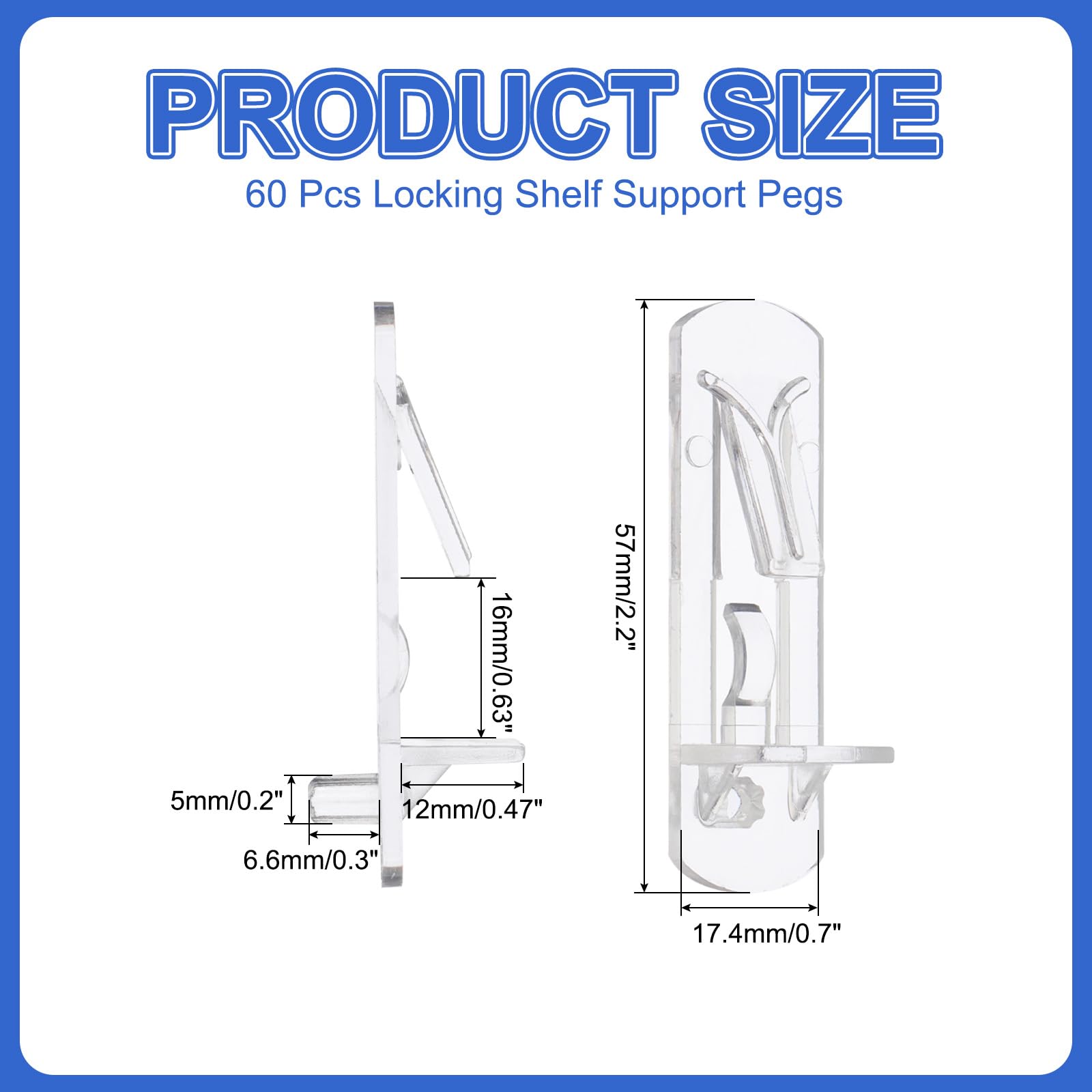 PATIKIL Locking Shelf Support Pegs, 60 Pcs Plastic Cabinet Shelf Pins Clear Self-Locking Shelf Bracket Clips for 5mm Diameter Peg Hole 5/8 Inch (16mm) Thick Shelf