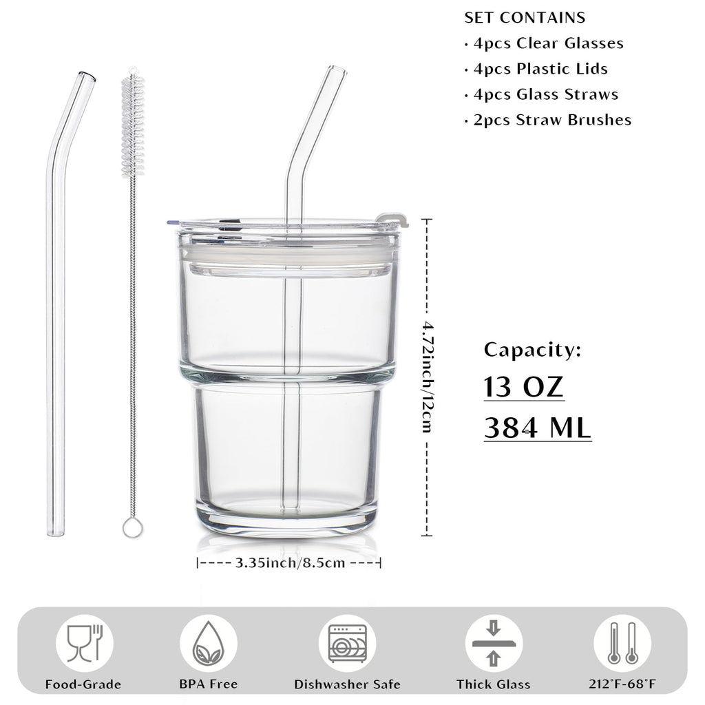 INSETLAN 13oz Portable Glass Tumblers Set of 4, Thick Wall Glass Cups with Lid and Glass Straw, On-The-Go Coffee Cups for Iced Coffee, Tea, Milk, Hot & Cold Drinks, Travel & Daily Use
