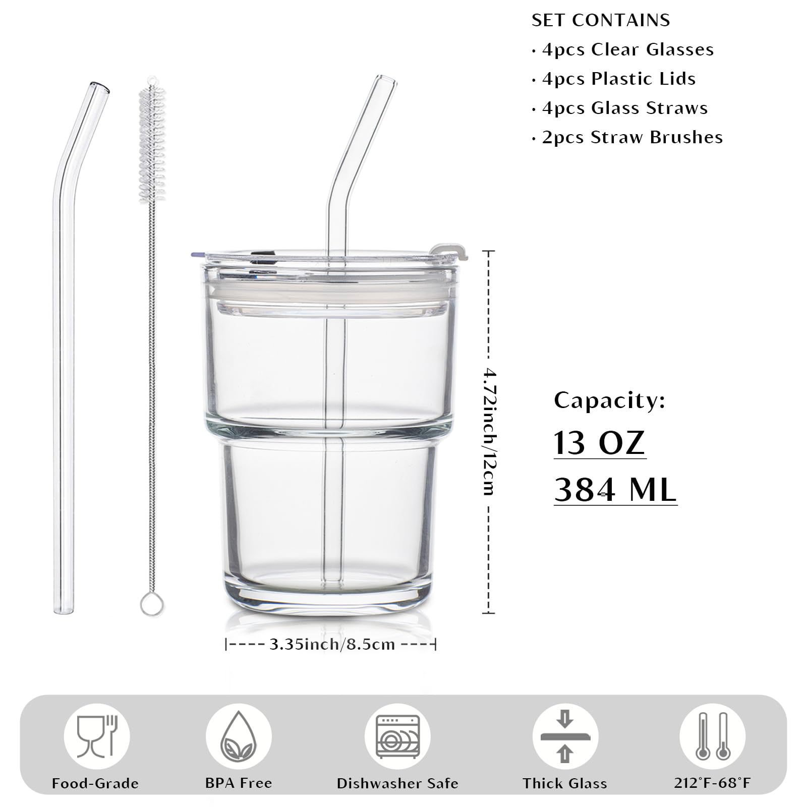 INSETLAN 13oz Portable Glass Tumblers Set of 4, Thick Wall Glass Cups with Lid and Glass Straw, On-The-Go Coffee Cups for Iced Coffee, Tea, Milk, Hot & Cold Drinks, Travel & Daily Use