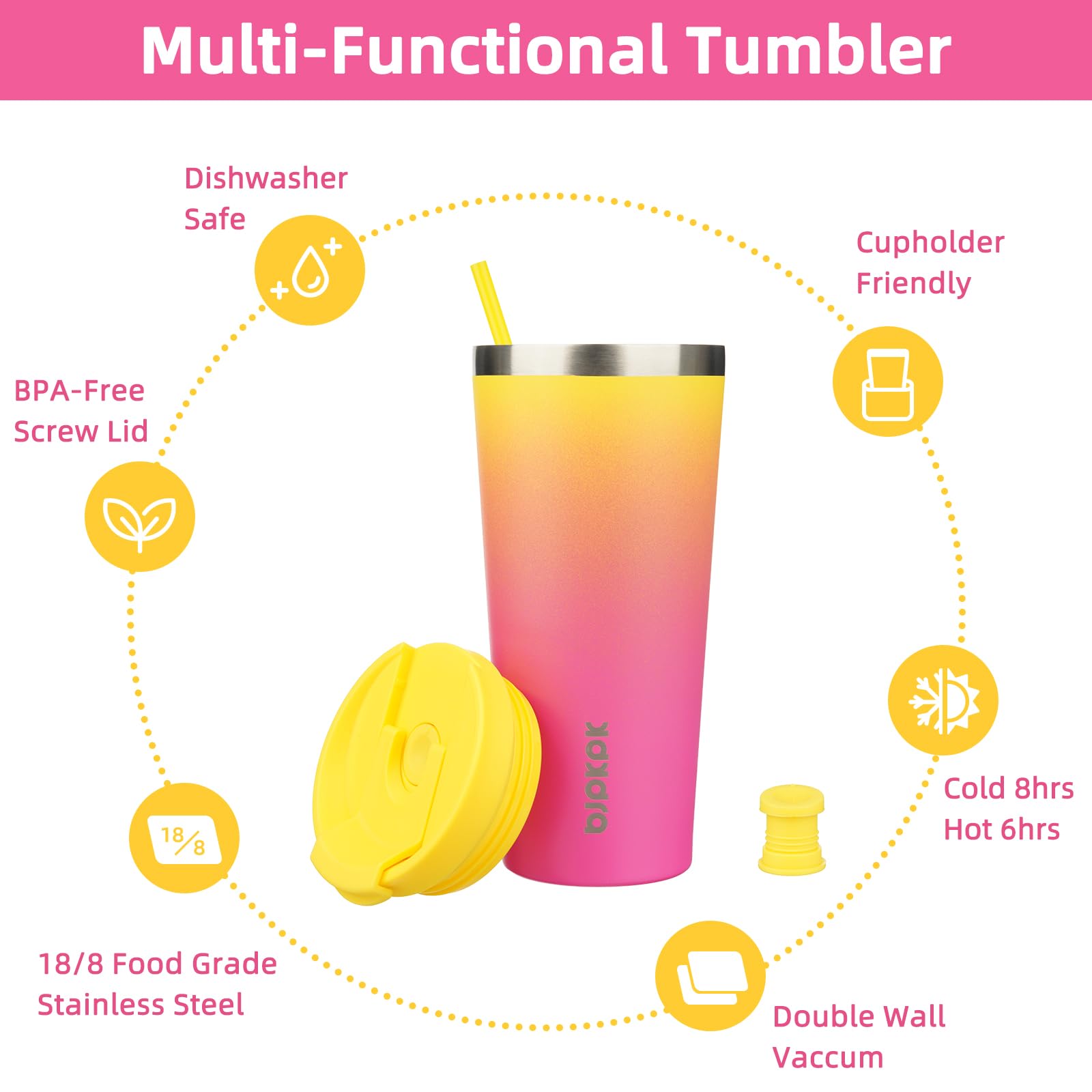 BJPKPK 22oz Stainless Steel Insulated Tumbler with lid and Straw Travel Coffee Thermal Tumblers Cup for Women and Men,Pink Yellow Rose