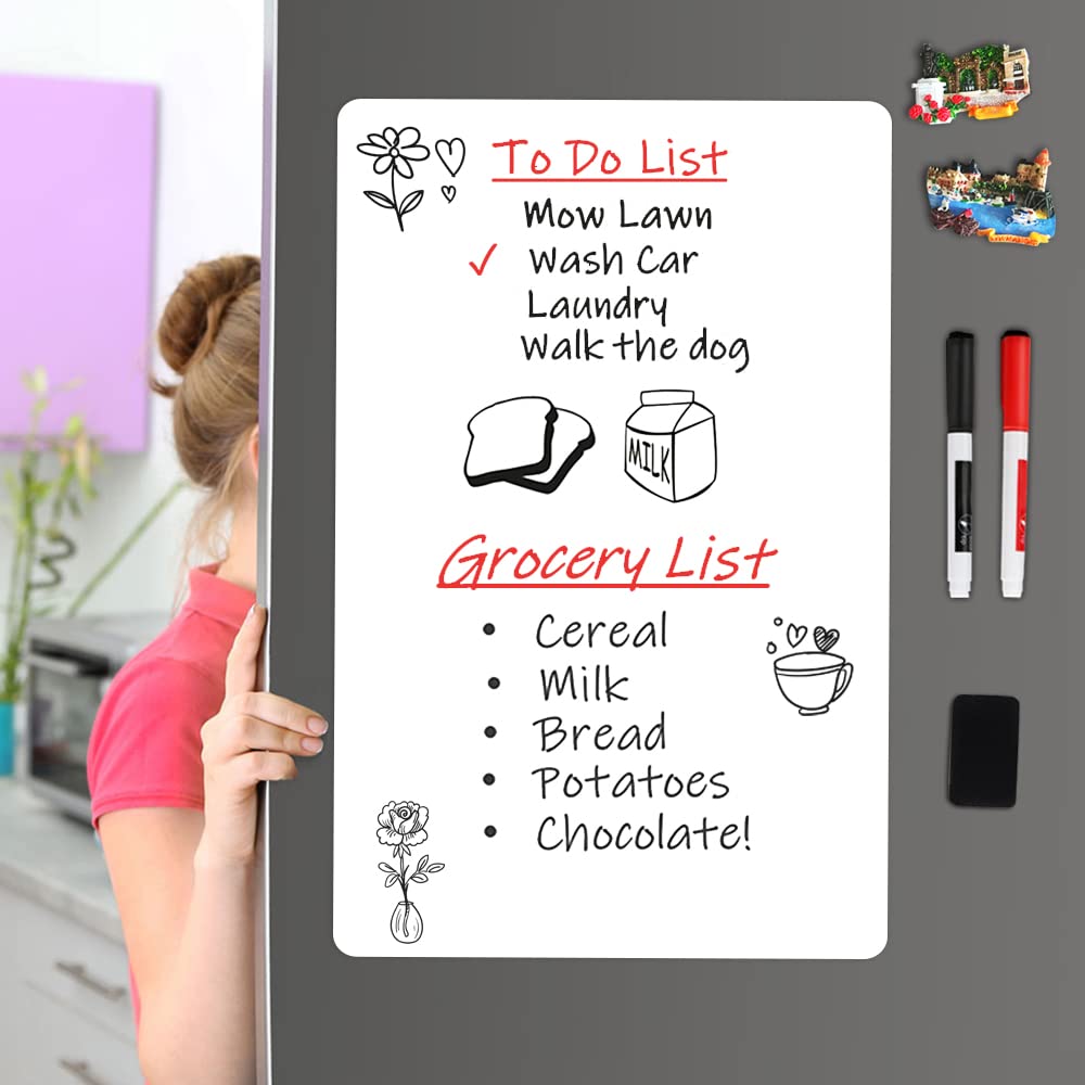 ANLIOTE Whiteboard Magnetic Fridge White Board Sheet 20"x13", Easy to Write and Wipe, Magnet Dry Erase Board for Home Kitchen Refrigerator Shopping List Planner Office Notice, 2 Marker Pens & Eraser
