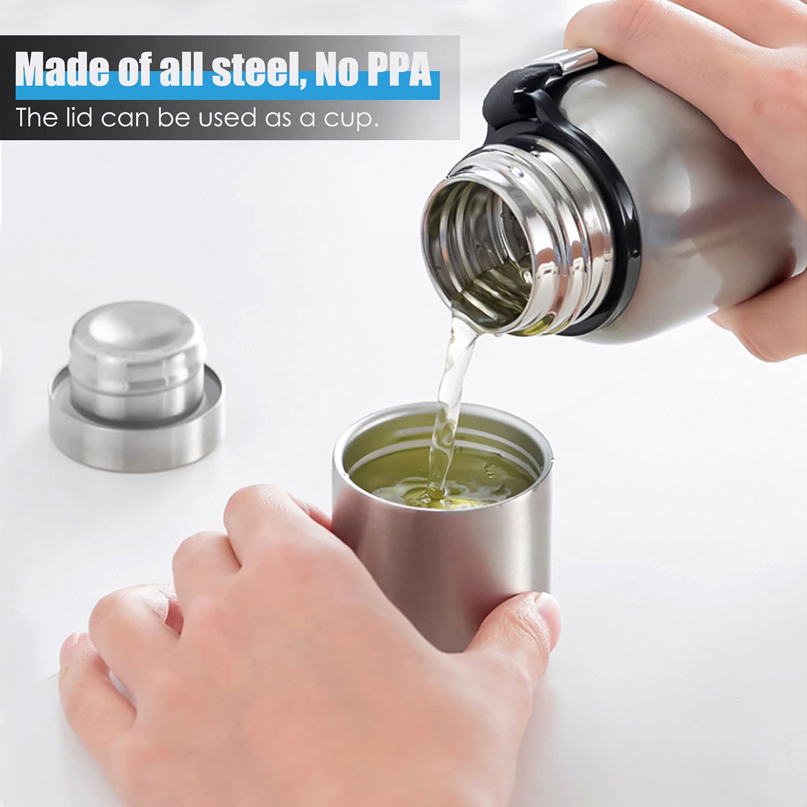 Insulated Vacuum Thermo Bottle 25oz with Cup lid Leakproof Stainless Water Flask for Coffee hot and Cold Drink.(Silver,750ml)