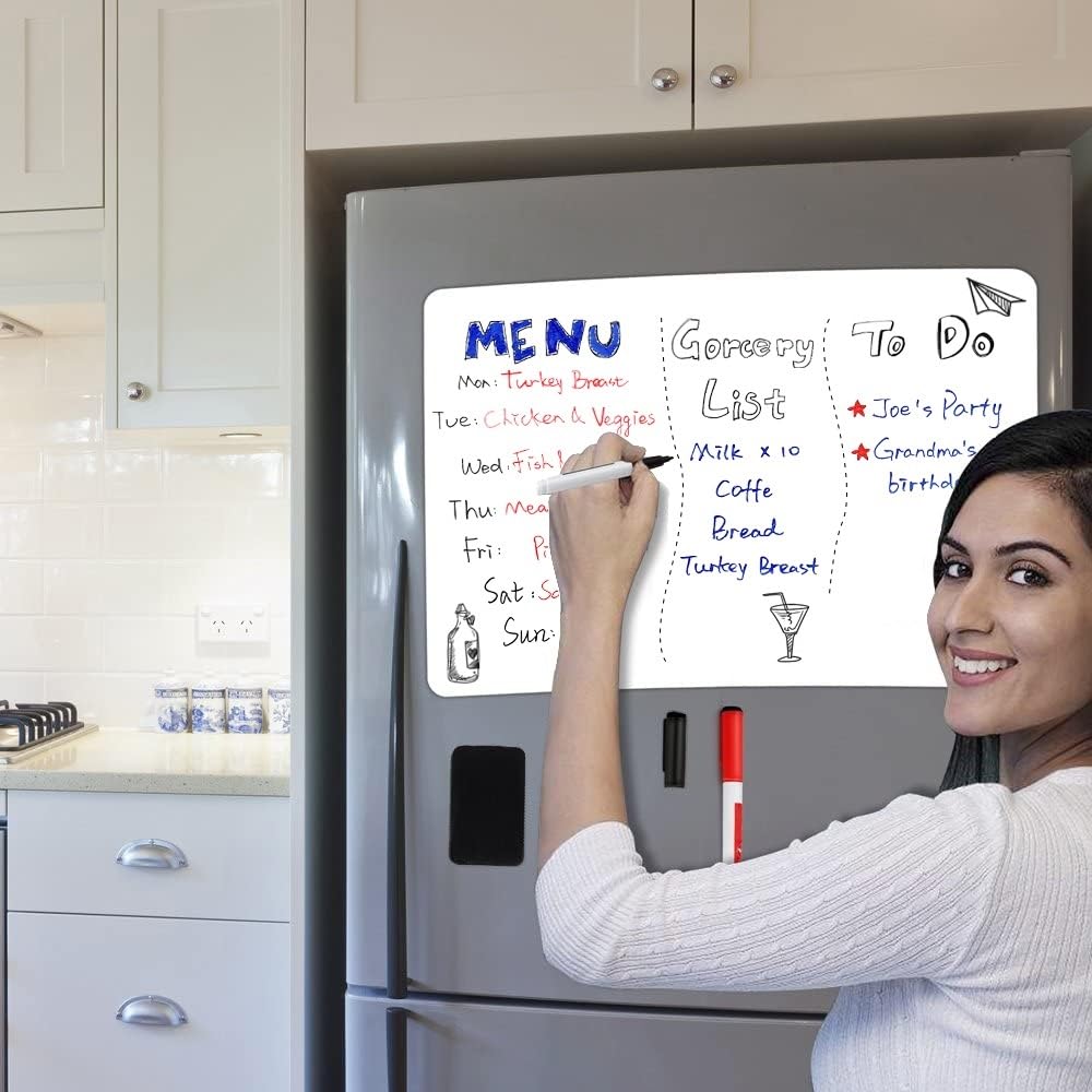 ANLIOTE Whiteboard Magnetic Fridge White Board Sheet 20"x13", Easy to Write and Wipe, Magnet Dry Erase Board for Home Kitchen Refrigerator Shopping List Planner Office Notice, 2 Marker Pens & Eraser