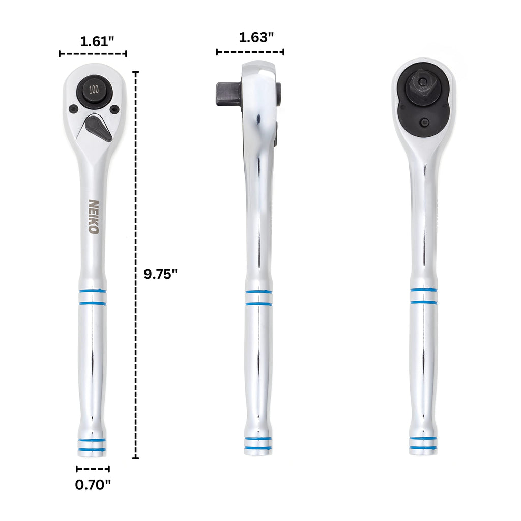 Neiko 03117A 1/2 Inch Ratchet Wrench, 100-Tooth Reversible Ratchet, 3.6 Degree, Quick Release 1/2 Drive Ratchet, 10" Long Handle Ratchet, Oval Head Socket Wrench, CR-V Steel Half Inch Rachet Wrench