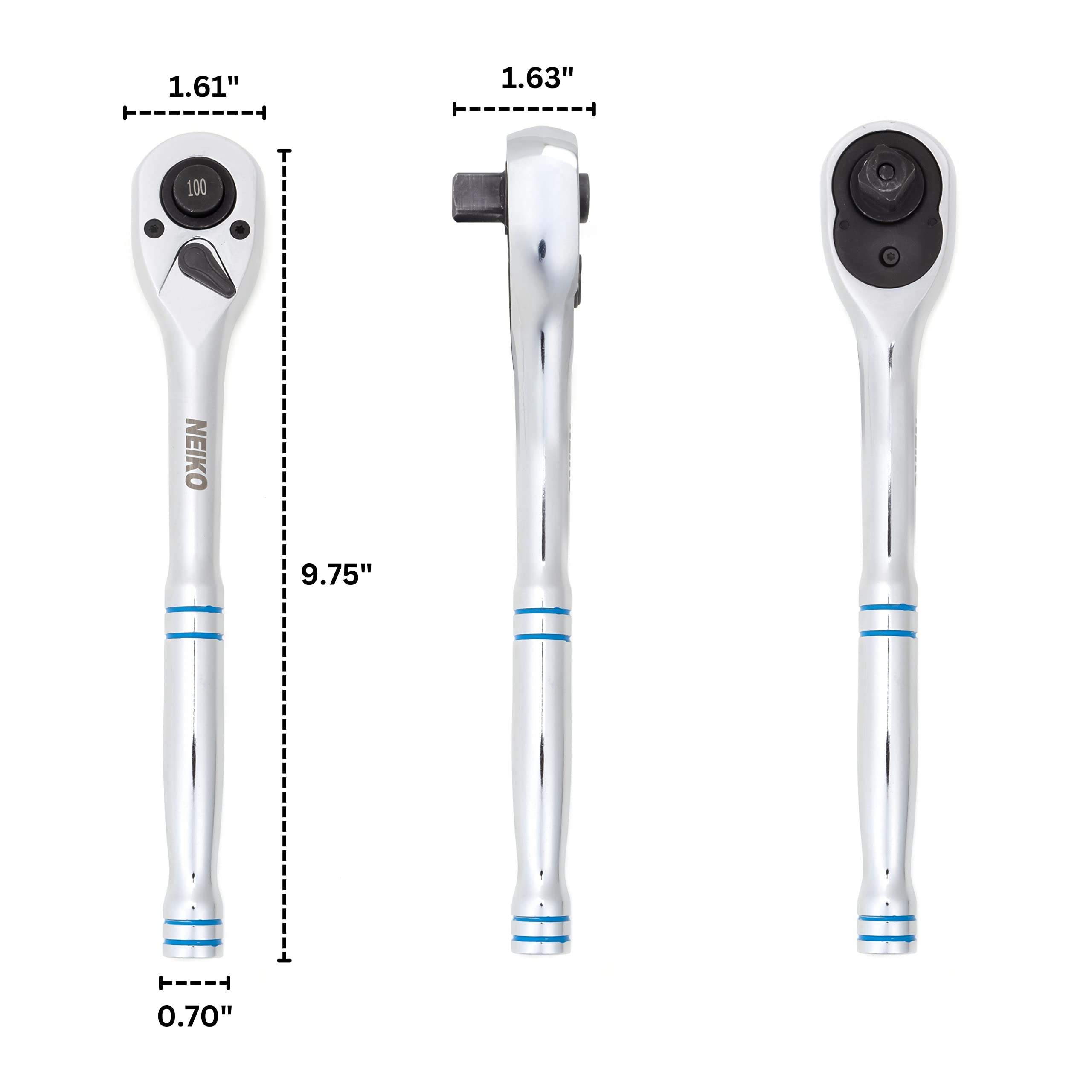 Neiko 03117A 1/2 Inch Ratchet Wrench, 100-Tooth Reversible Ratchet, 3.6 Degree, Quick Release 1/2 Drive Ratchet, 10" Long Handle Ratchet, Oval Head Socket Wrench, CR-V Steel Half Inch Rachet Wrench