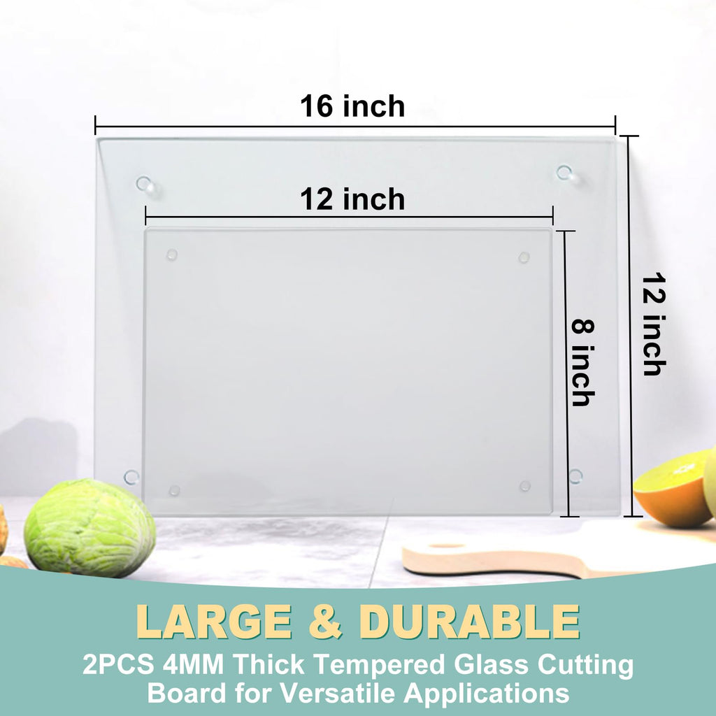 VASUHOME Tempered Glass Cutting Boards for Kitchen Counter - [2 Pack of 16x12 and 8x12 Inch] - Clear Cutting Board for Countertop - Scratch, Heat, Shatter Resistant and Easy to Clean