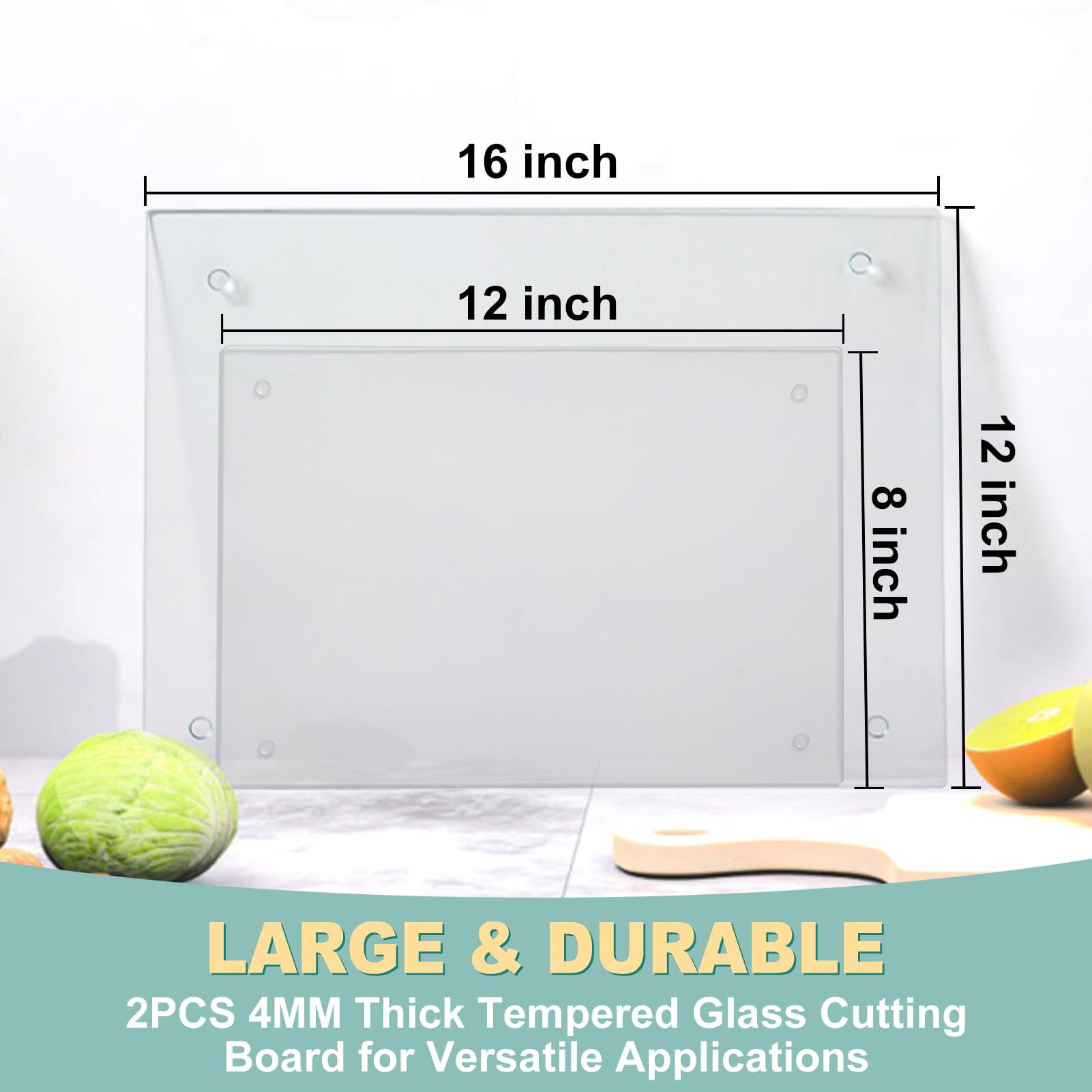 VASUHOME Tempered Glass Cutting Boards for Kitchen Counter - [2 Pack of 16x12 and 8x12 Inch] - Clear Cutting Board for Countertop - Scratch, Heat, Shatter Resistant and Easy to Clean
