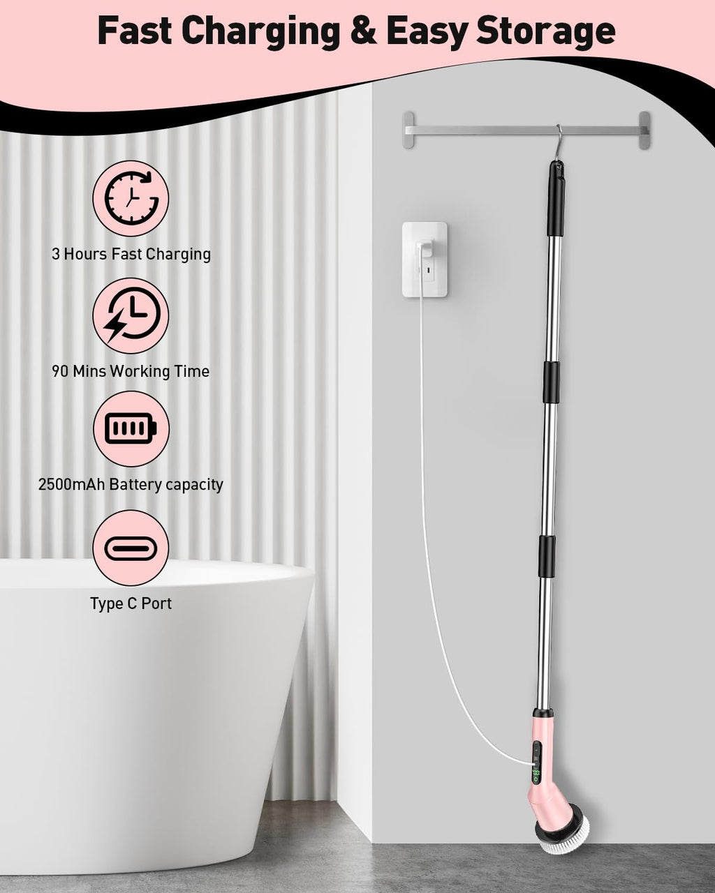 Electric Spin Scrubber for Cleaning Bathroom, Shower Scrubber Cordless Cleaning Brush with IPX7 Waterproof & 2 Speed, 3 Brush Heads, Bathroom Cleaning Supplies for Shower Tub Kitchen Toilet Pink