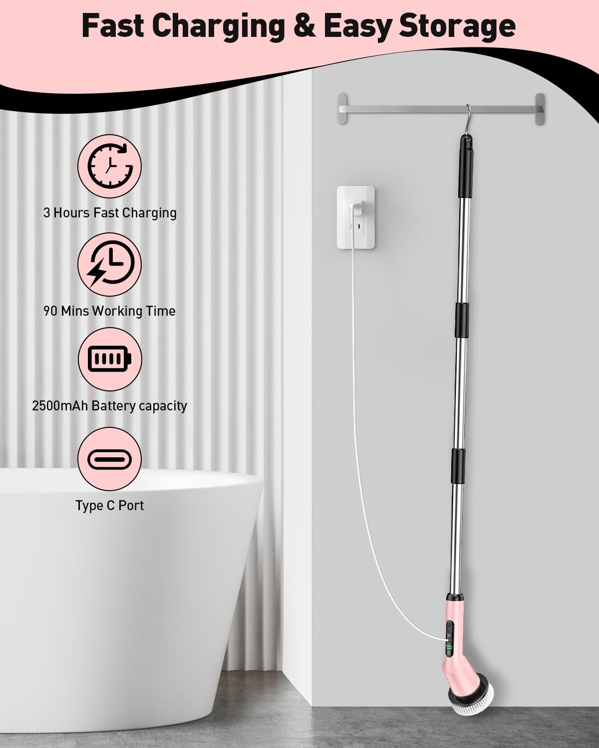 Electric Spin Scrubber for Cleaning Bathroom, Shower Scrubber Cordless Cleaning Brush with IPX7 Waterproof & 2 Speed, 3 Brush Heads, Bathroom Cleaning Supplies for Shower Tub Kitchen Toilet Pink