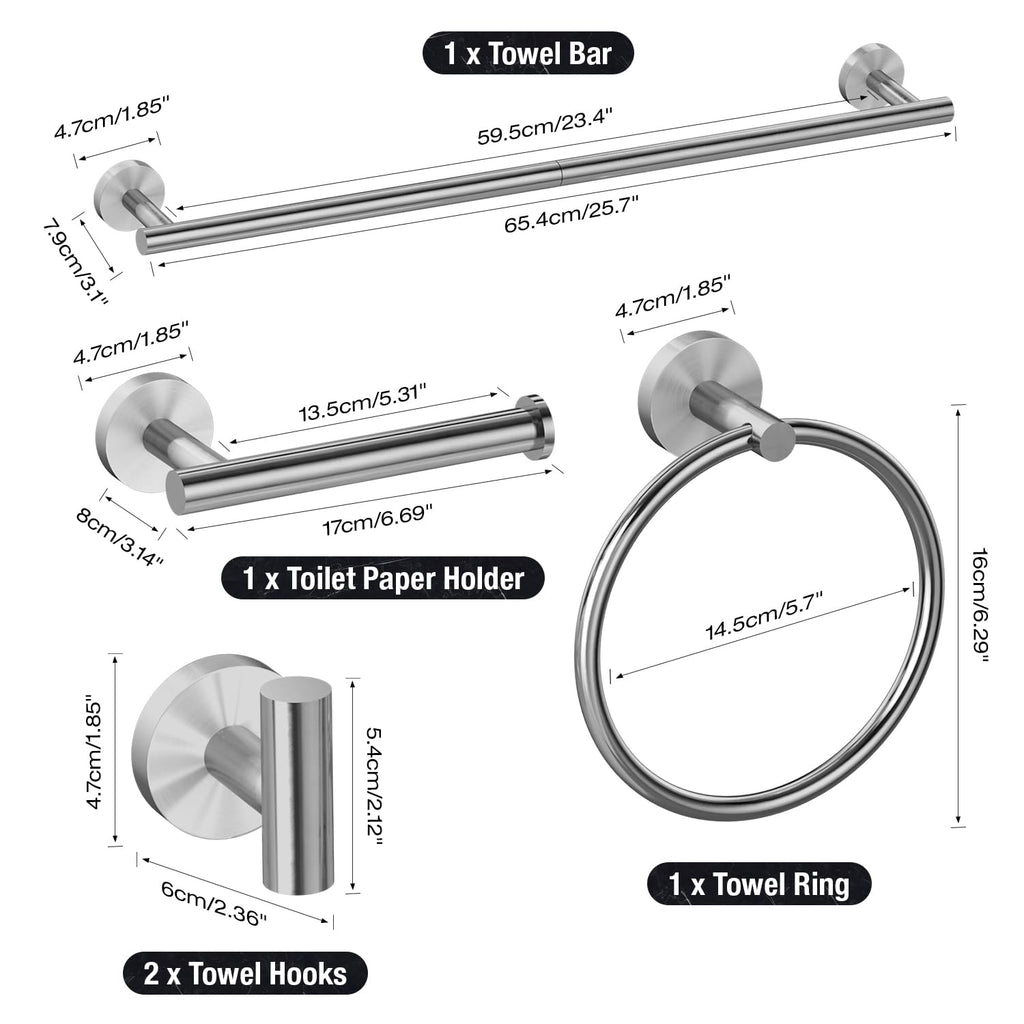 HITSLAM Brushed Nickel Bathroom Accessories Set, SUS304 Stainless Steel Bathroom Hardware Set Wall Mounted, Includes 25.7 Inch Towel Bar, Towel Ring, Robe Towel Hooks, Toilet Paper Holder