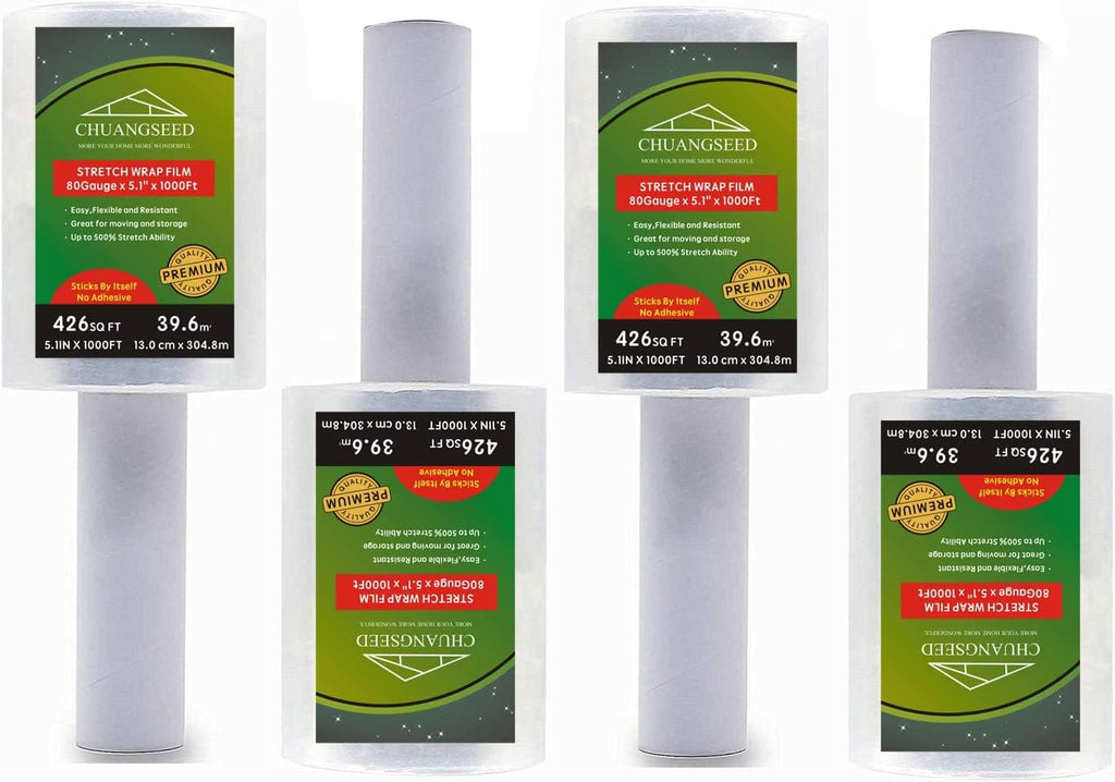 CHUANGSEED 4-Pack Industrial Mini Clear Stretch Wrap Film 80 Gauge 5.1" 1000ft for Pallet Wrap, Durable Self-Adhering Packing, Moving, Packaging, Heavy Duty Shrink Film