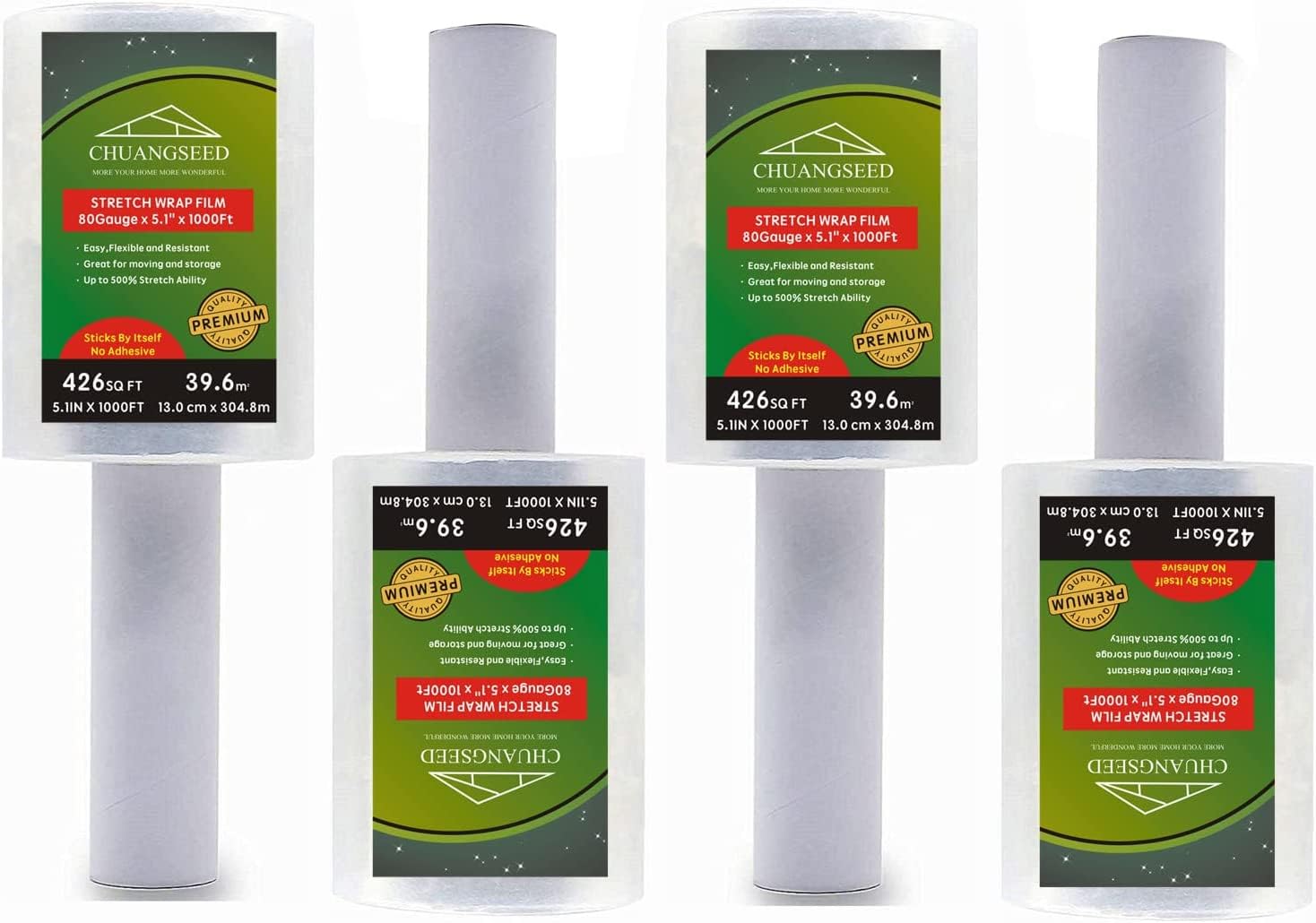 CHUANGSEED 4-Pack Industrial Mini Clear Stretch Wrap Film 80 Gauge 5.1" 1000ft for Pallet Wrap, Durable Self-Adhering Packing, Moving, Packaging, Heavy Duty Shrink Film