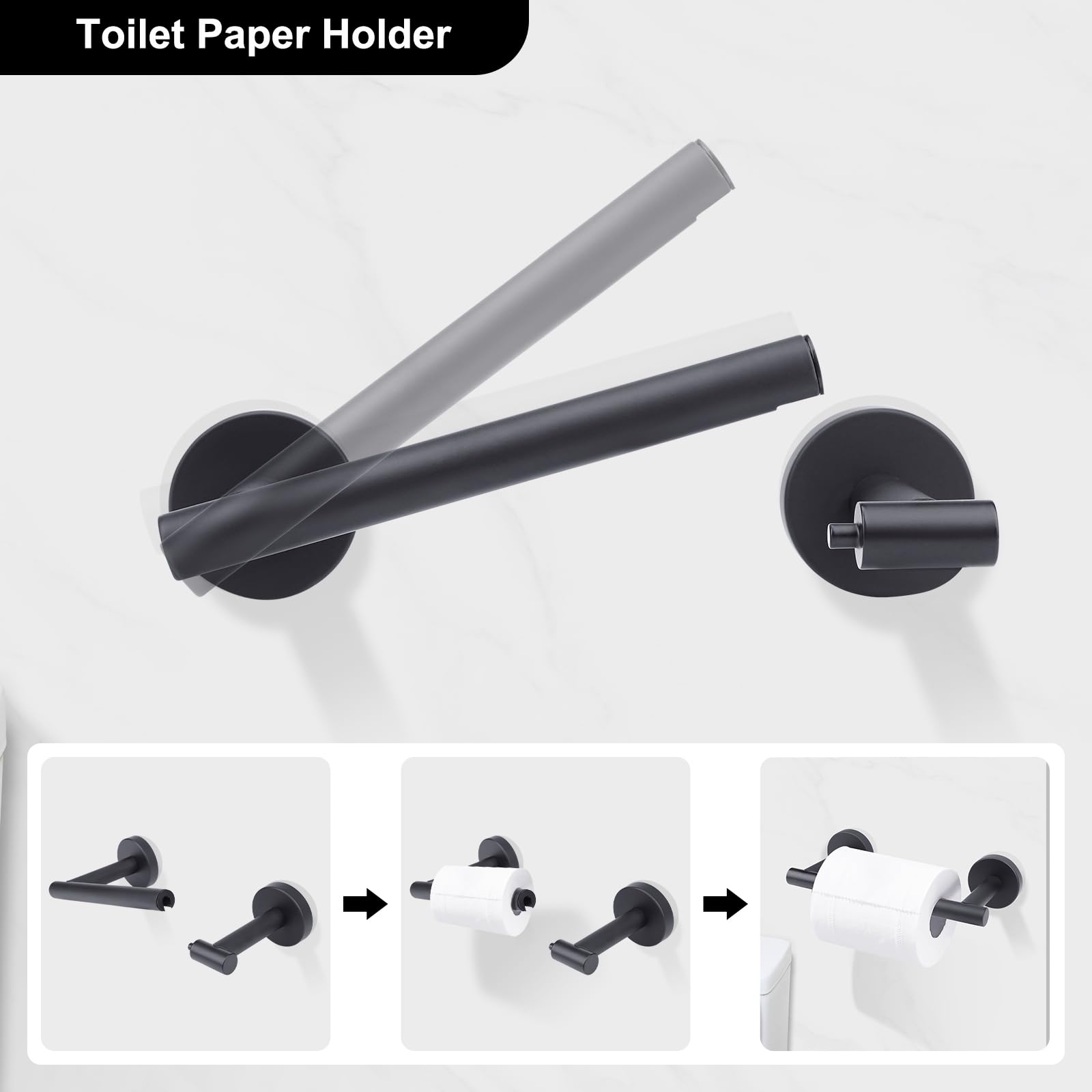 Ntipox Matte Black Double Post Pivoting Toilet Paper Holder Set, Stainless Steel Towel Ring,Toilet Paper Roll Holder,Bathroom Hardware Accessories Set Black