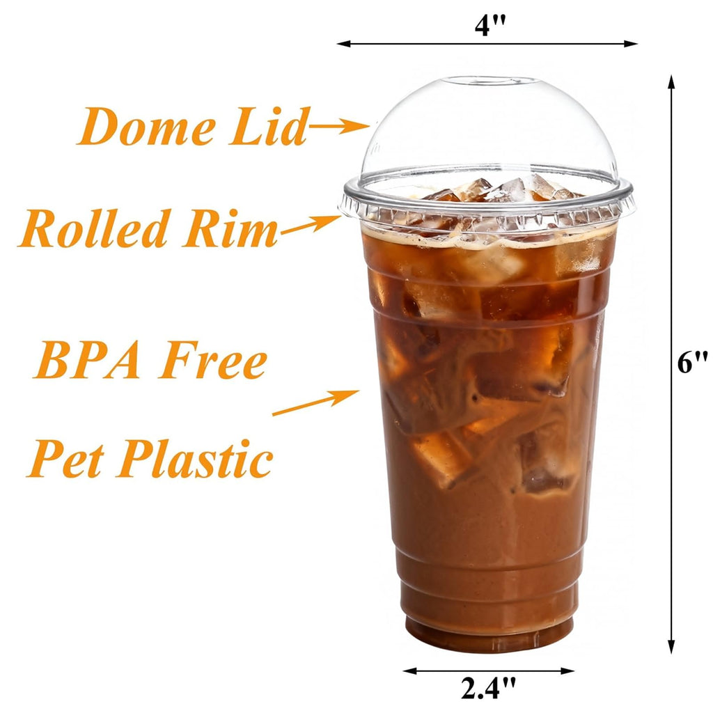 Okllen 100 Pcs 24 Oz Plastic PET Cups with Dome Lids, Disposable Clear Cold Drinking Cups Coffee Cups for Party, Plastic to Go Drinking Cup for Beverages, Smoothie, Milkshakes, Ice Cream, No Straw