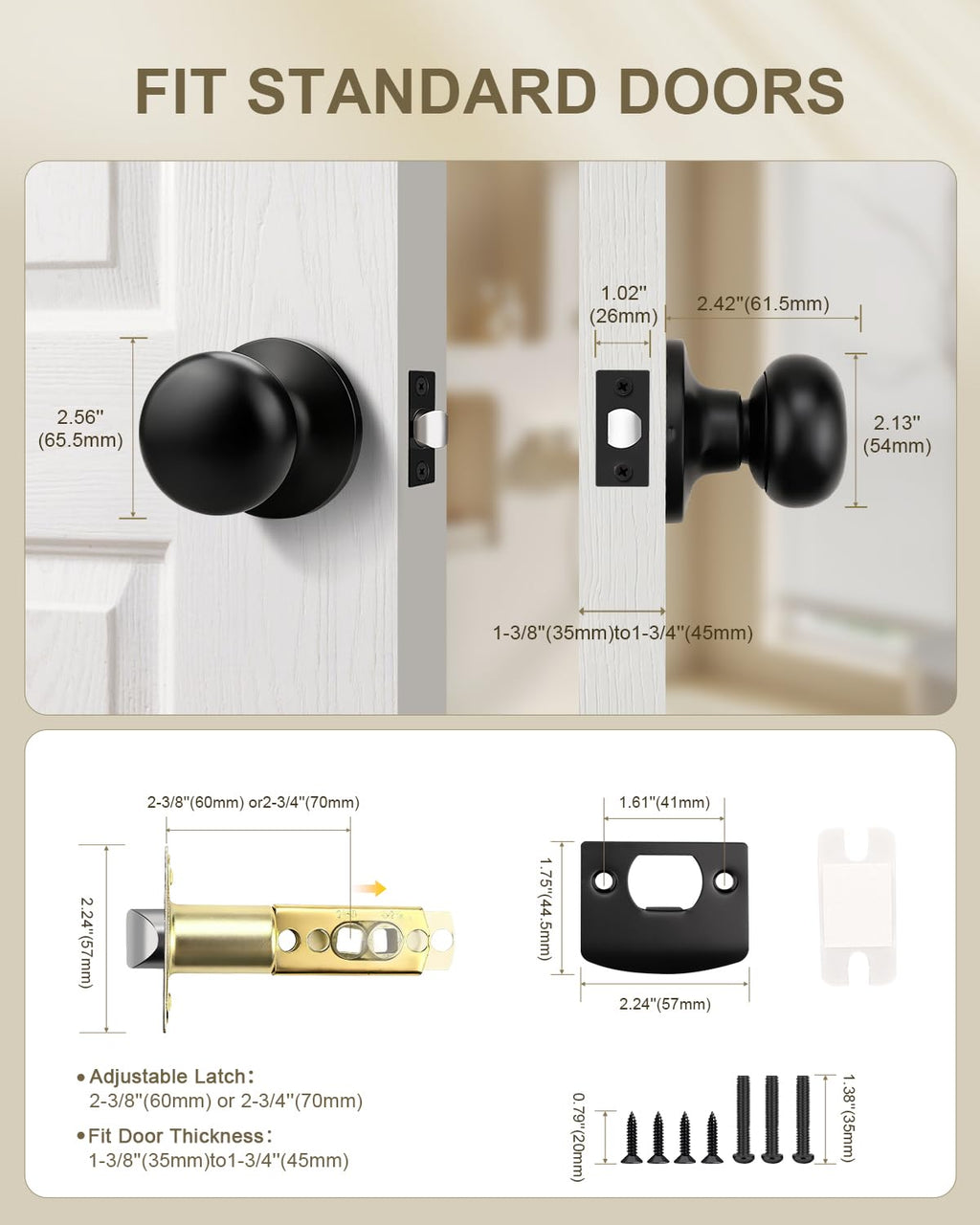 GOBEKOR 1 Pack Matte Black Door Knob Interior, Passage Door Knob Handles Non-Locking, Flat Ball Knob Closet/Hall Doorknob Keyless, Solid Stainless Steel Door Handle Lock, Reversible for Right or Left