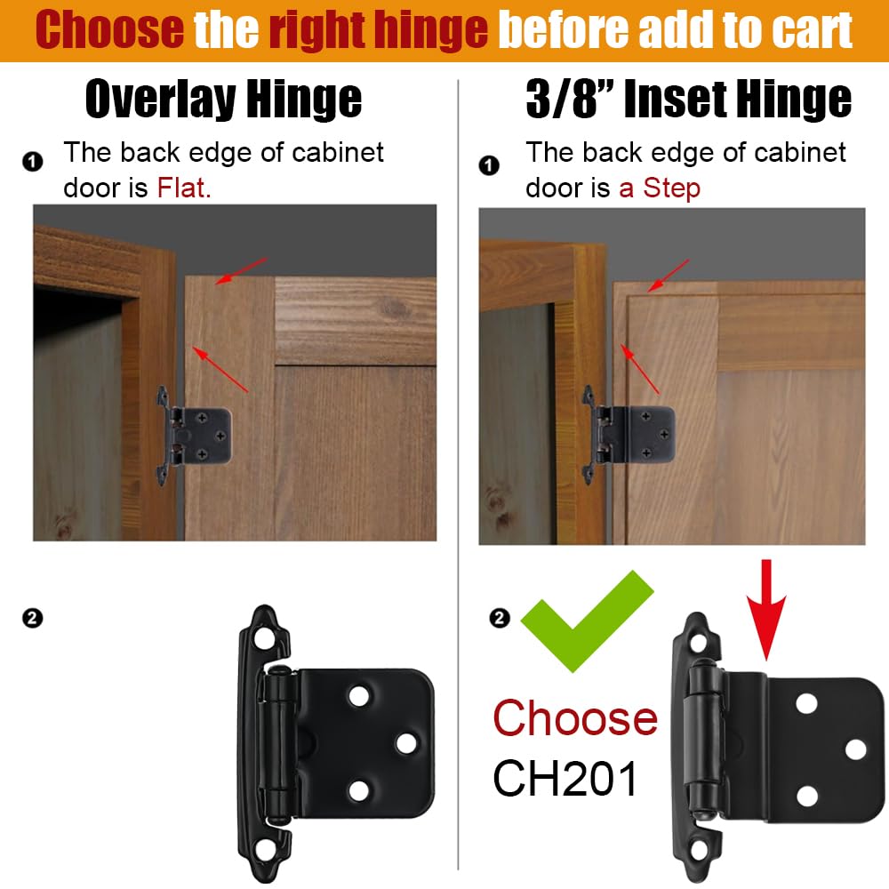 JQK 3/8 Inch Inset Cabinet Door Hinges, Cabinet Hinge, 20 Pack Matte Black, CH201-BK-P20