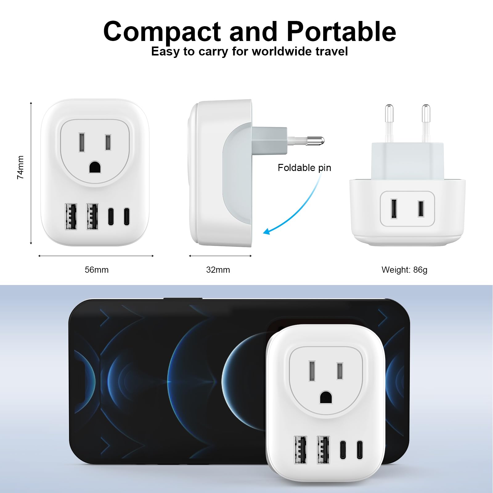 European Travel Plug Adapter, DIWILI International Power Plug with 2 AC Outlets 4 USB Ports(2 USB C), Type C Travel Essentials Charger for Canada to Most of Europe EU Italy Spain France