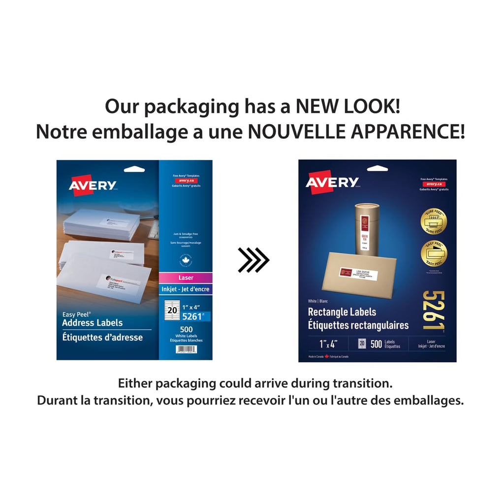 Avery White Rectangle Labels with Easy Peel for Laser Printers, 1" x 4", 500 Labels, Permanent (5261) Made in Canada