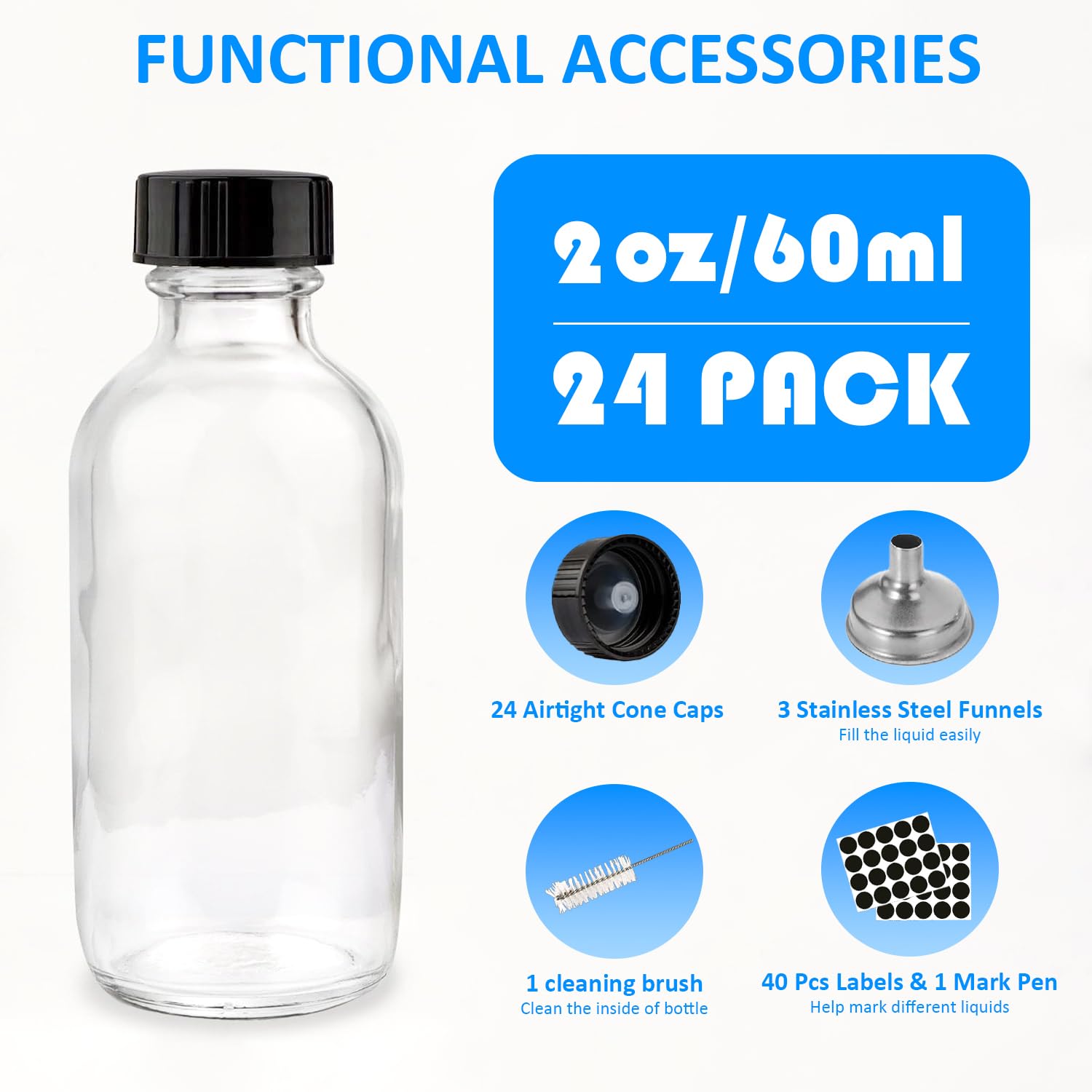24 Pack 2 oz Small Clear Glass Bottles with Lids & 3 Funnels, 60ml Boston Round Sample Bottles, Boston Sample Mini Travel Bottles for Potion, Juice, Ginger Shots, Oils, Whiskey, Wellness Shots