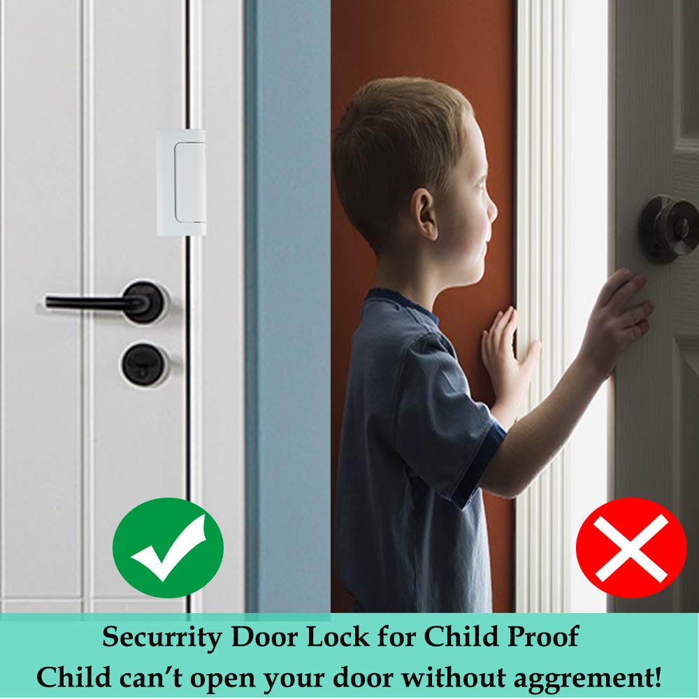 Home Security Door Lock, 2 Pack Childproof Door Reinforcement Lock with 3" Screws for Inward Swinging Door, Upgraded Night Lock to Defend Your Home (White）