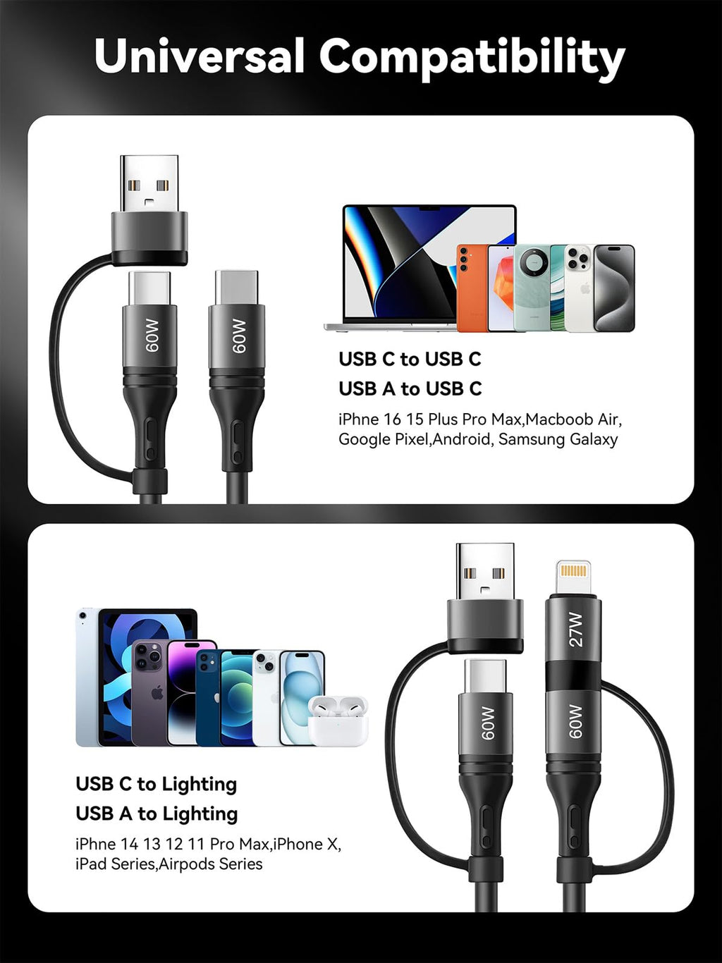 Miger 60W Coiled USB C Cable,4 in 1 Charging Cable 2Pack 4FT USB-C to Lightning Cable for Car Type C to USBC Fast Charging Cables for iPhone 17/16/15/14/13/12/11 Series/iPad/MacBook/CarPlay
