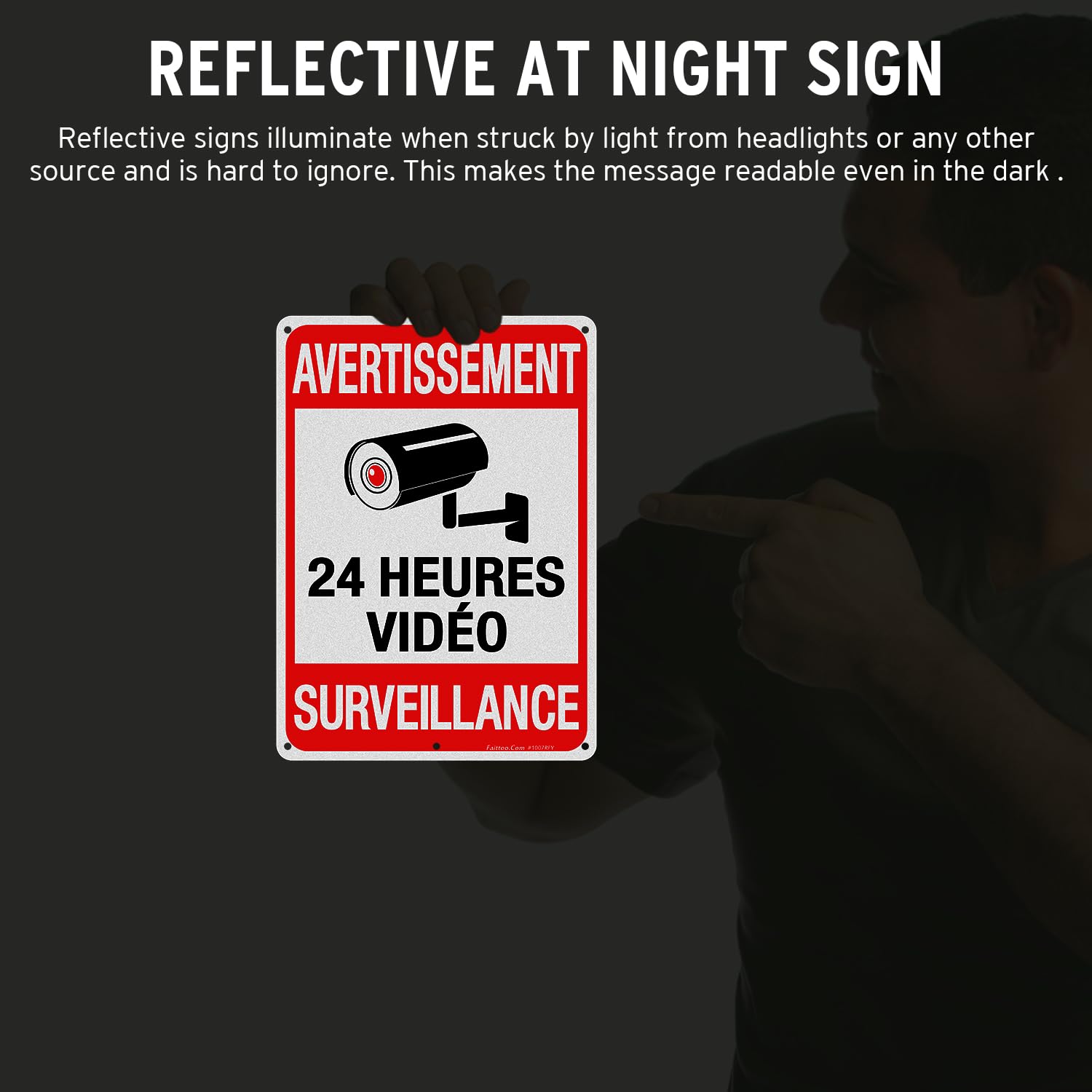 Faittoo 4 Packs de Avertissement 24 Heures Vidéos Signe, 7 Pouces par 10 Pouces, réfléchissant Aluminium. (4 Pack) French Video Surveillance Signs, 7" x 10", Reflective Aluminum, Indoor or Outdoor Use