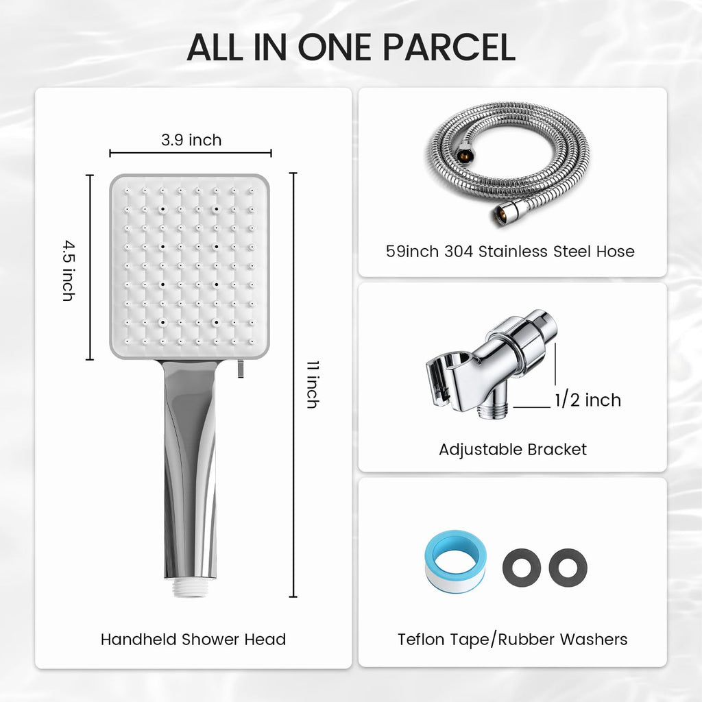 High Pressure Shower Head with Handheld - Modern Square Handheld Shower Heads - 6 Settings Detachable shower head with hose, Change Settings Much Easier Than the Twist Ones, Shower Accessories, Chrome