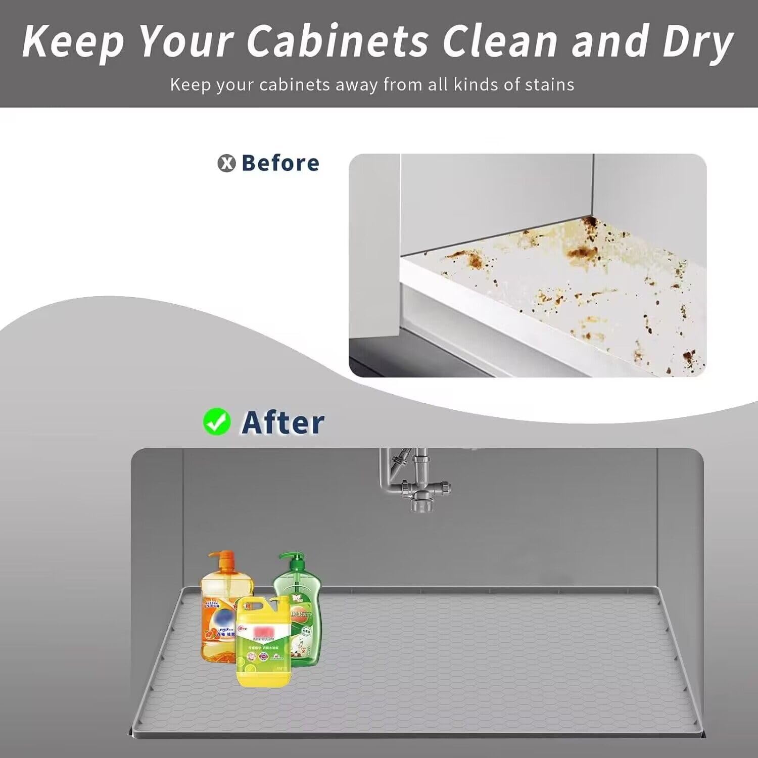 Under Sink Mat for Kitchen Waterproof, 31" x 22" Silicone Under Sink Tray, Under Sink Liner for Kitchen Bathroom Cabinet (Grey)