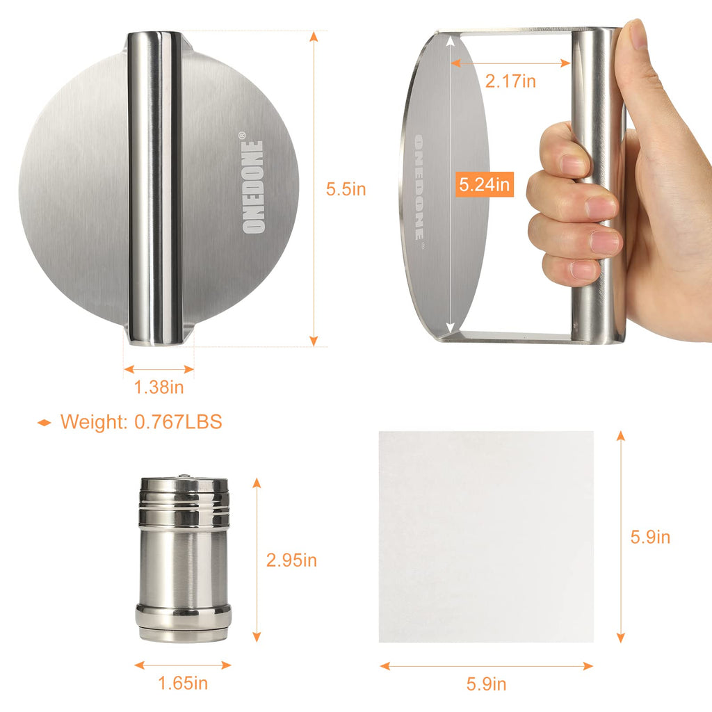 ONEDONE Burger Press Stainless Steel Smash Burger Press 5.5 inch for Griddle w/Seasoning Shaker & 100 Patty Paper, Burger Iron Grill Press Griddle Accessories Kit Griddle Cooking