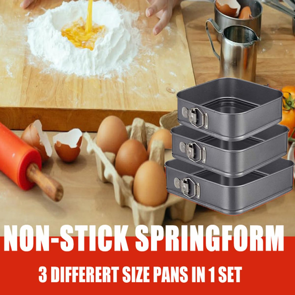 Springform Cake Pan Square 9.5inch,10inch,11inch, Set of 3 Non Stick Leakproof Cake Baking Pans with Removable Bottom, Non Stick Carbon Steel
