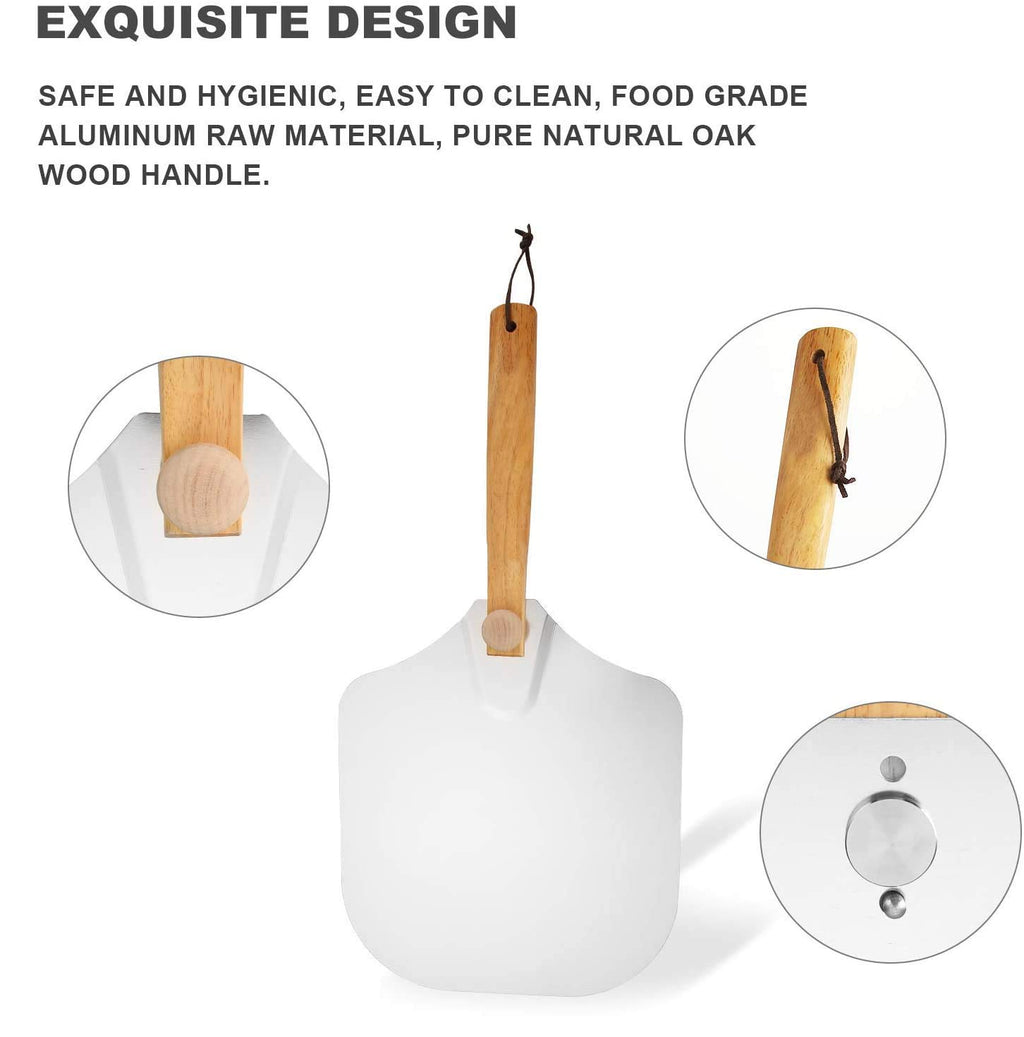12 Inch x 14 Inch Aluminum Metal Pizza Peel, Pizza Paddle for Baking Homemade Pizza and Bread with Foldable Wood Handle for Easy Storage, for Any Outdoor Or Indoor, Oven or Grill Use (Wood)