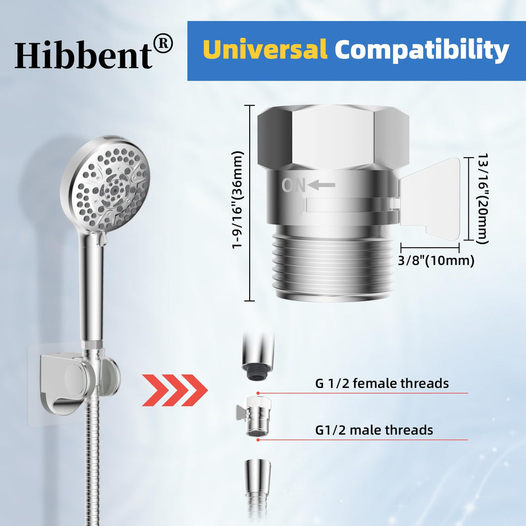Hibbent All Metal 2 Pack Shower Head Flow Control Valve, G1/2 Brass Shut-Off Valve with Metal Handle Lever, Shut Off Water Flow Control Regulator for Handheld Shower, or Bidet Sprayer, Chrome