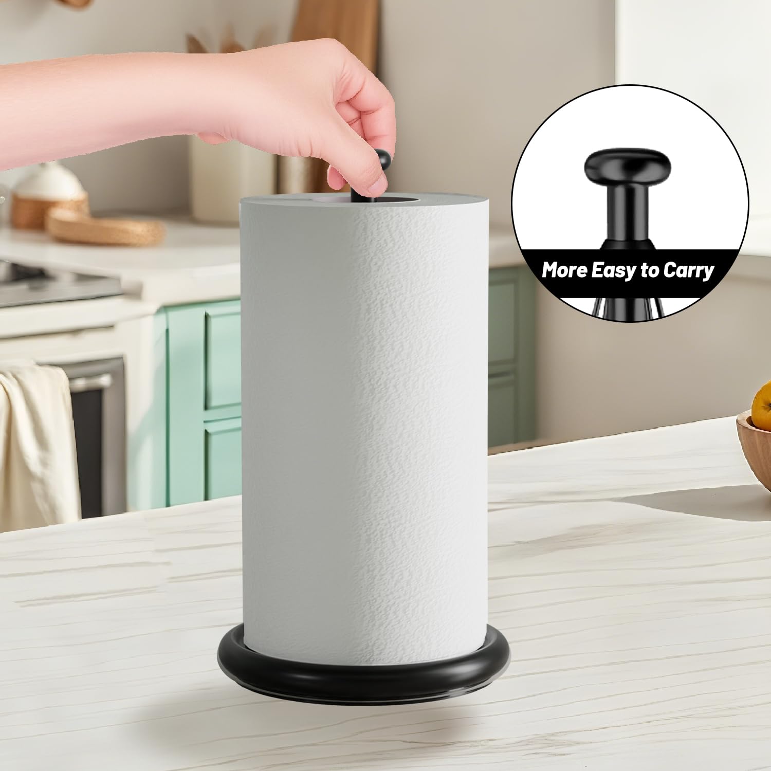 VEHHE Paper Towel Holder Countertop, One-Handed Tear Paper, Weighted Base with EVA Non-Slip Pad, Stainless Steel, Kitchen Towel Holder Stand with Ratchet Mechanism for Kitchen Bathroom Black