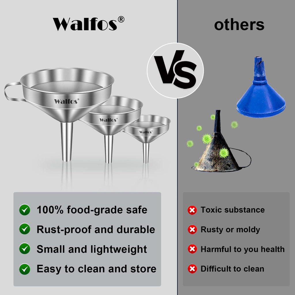 Walfos Stainless Steel Funnel Kitchen Set 3 Pack Funnels with 2 Removable Strainer Filter for Transferring of Liquid, Fluid, Cooking Oils, Jam, Dry Ingredients & Powder and 1 Pcs Cleaning Brush